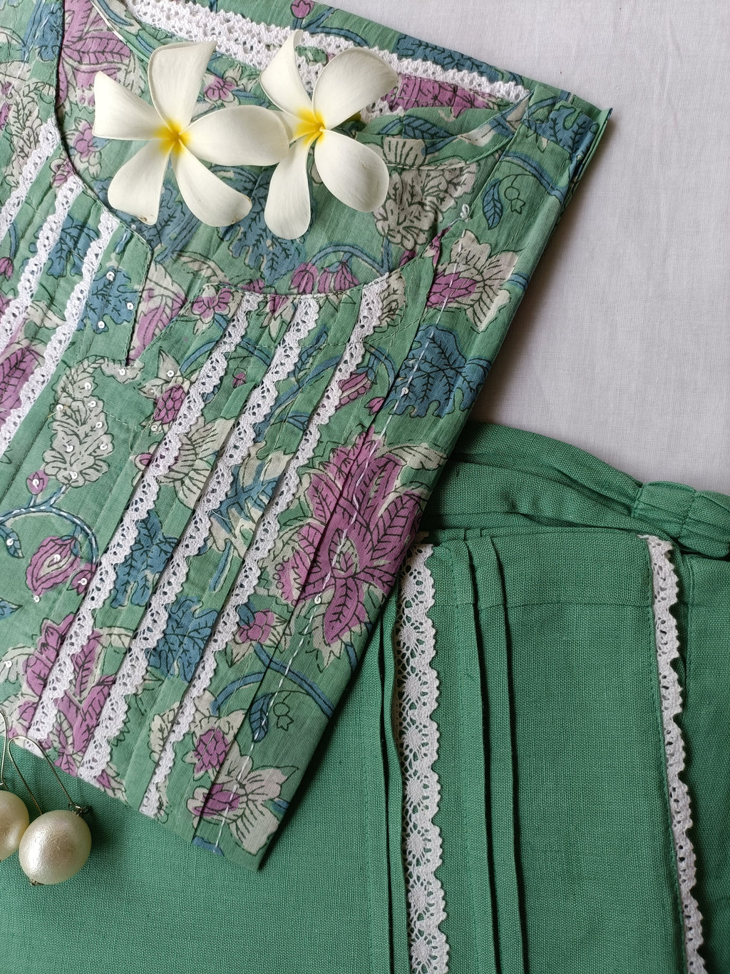 Sea Green Flaura Laced Kurta Set(2pc) - S