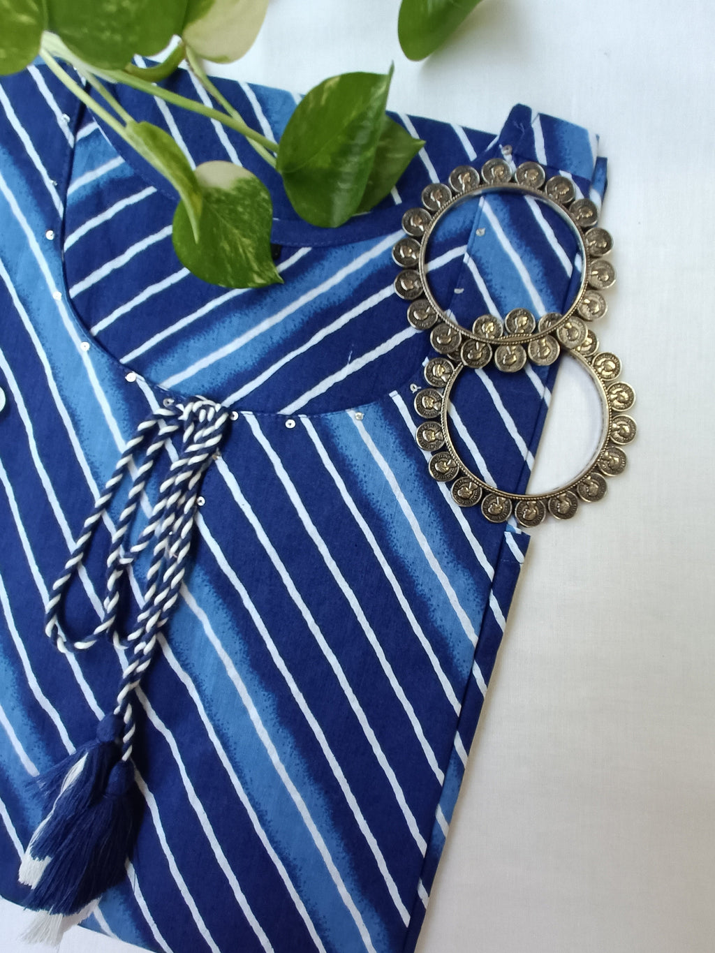 Blue Lehriya Tassel Cotton Kurta