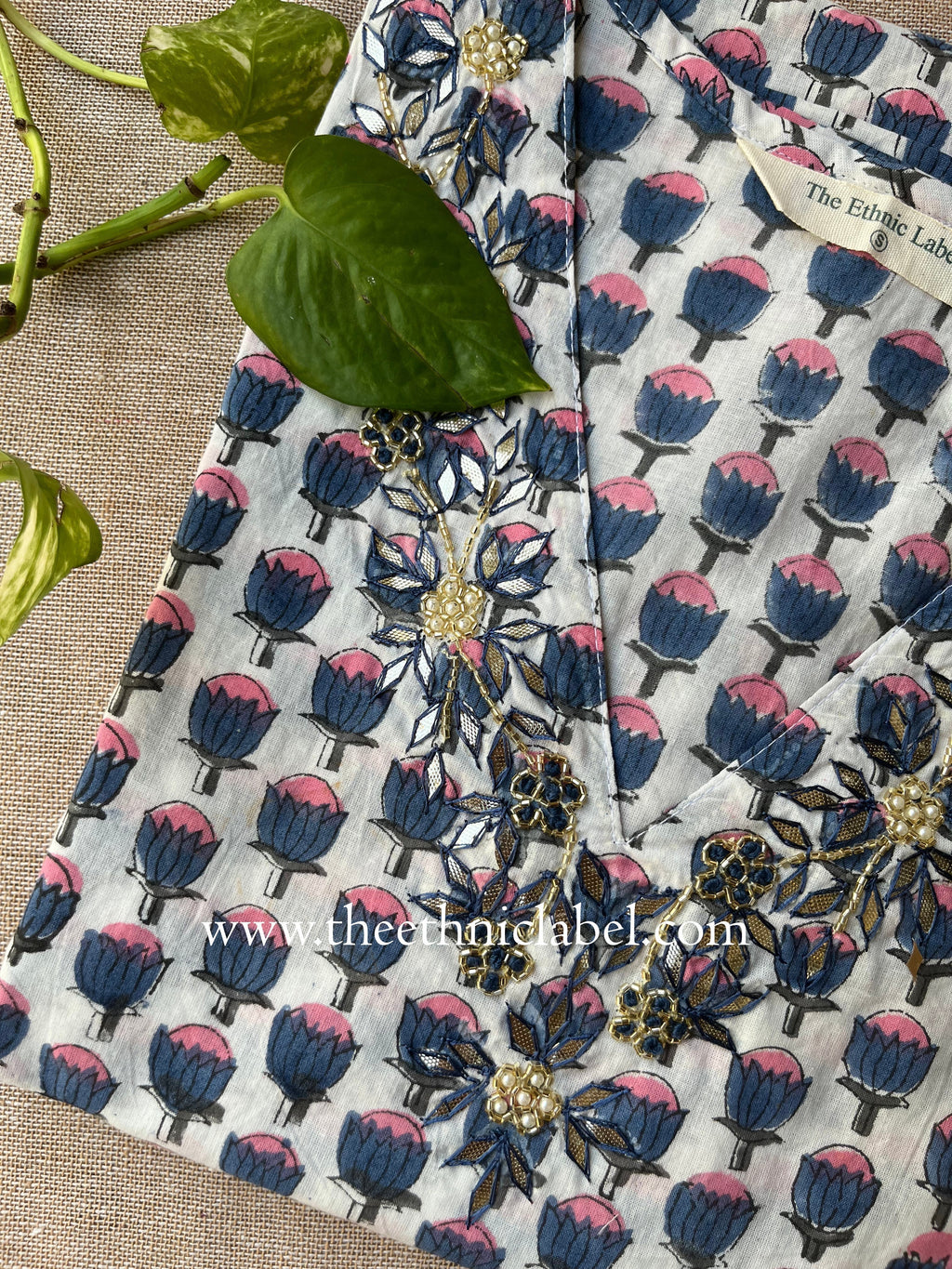 "Kanika" Hand Embroidered Block Printed Cotton kurta