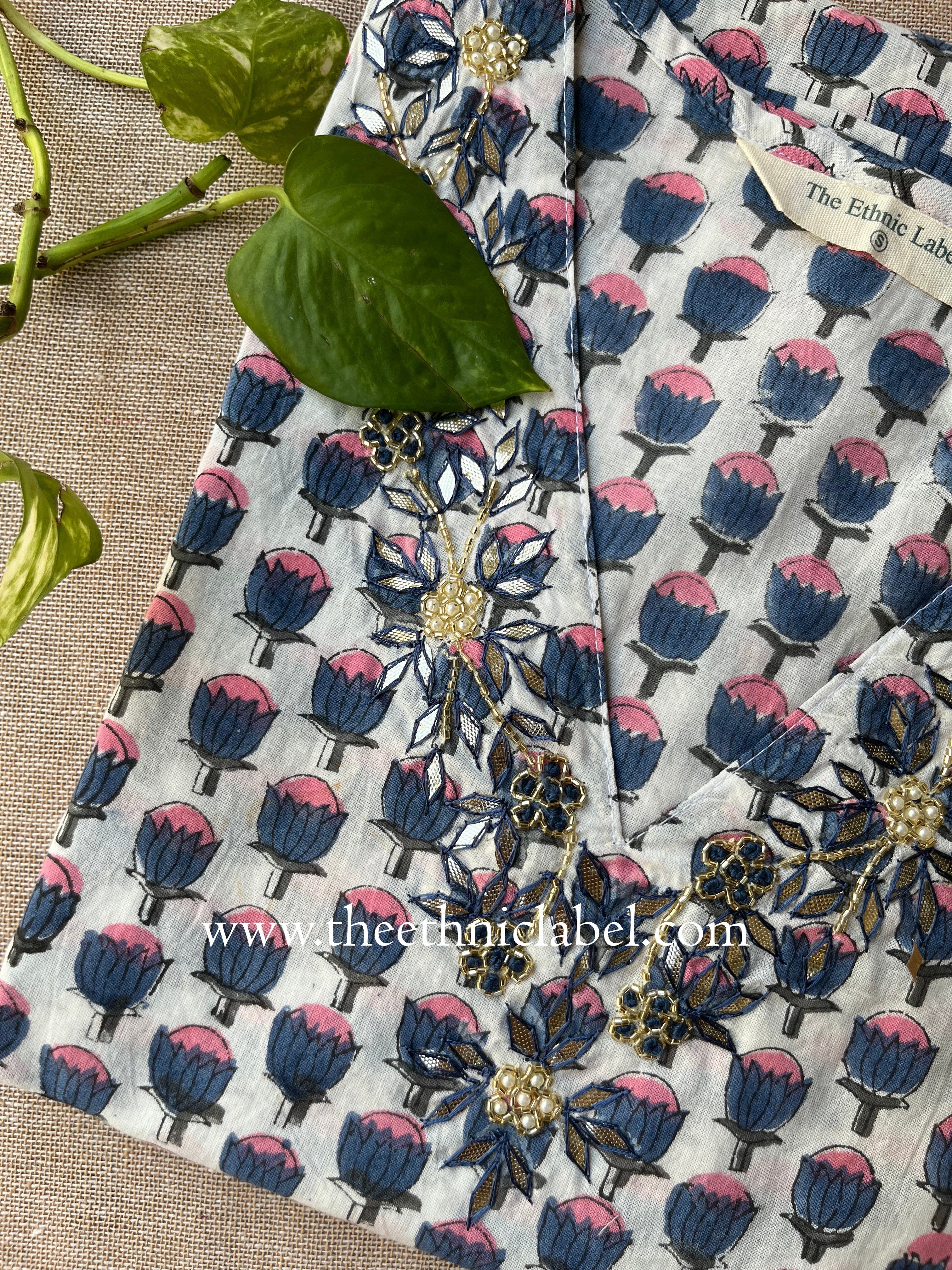 "Kanika" Hand Embroidered Block Printed Cotton kurta