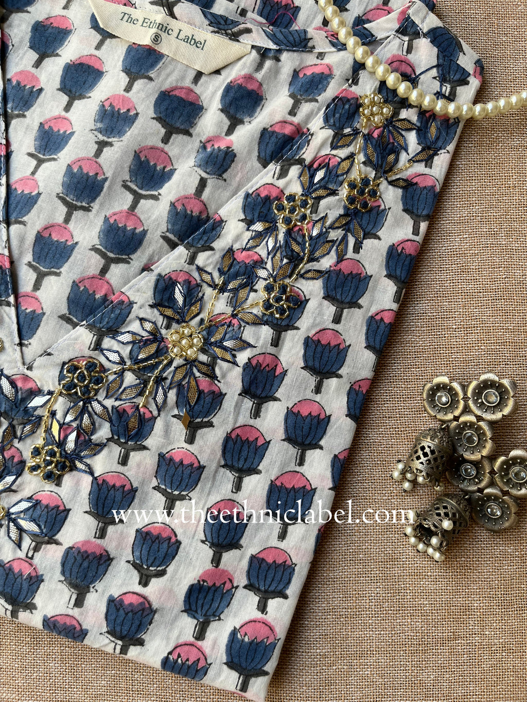 "Kanika" Hand Embroidered Block Printed Cotton kurta