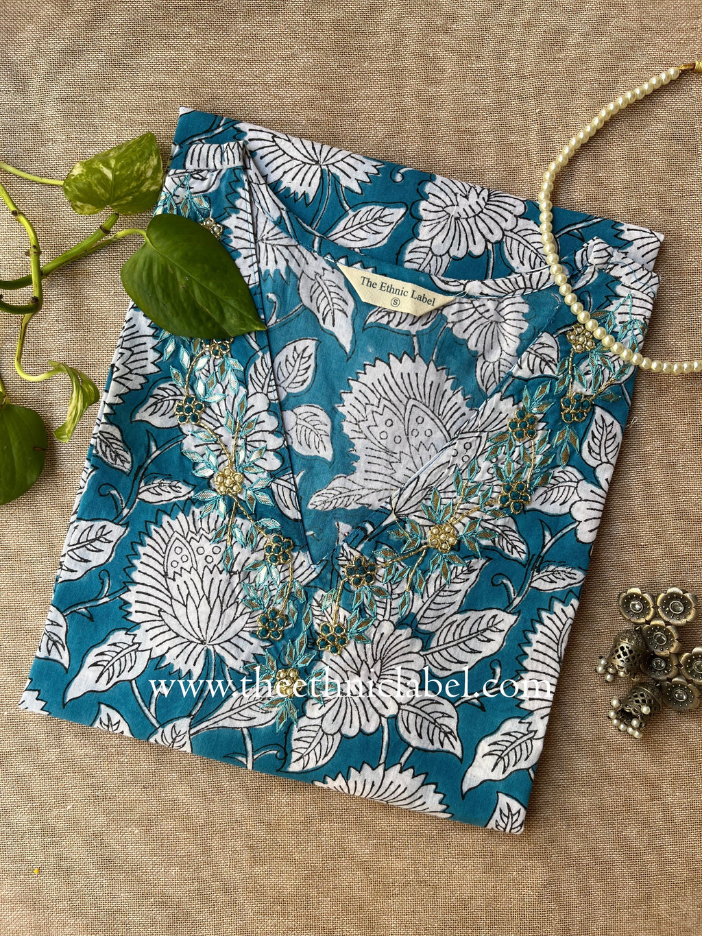 "Devika" Hand Embroidered Block Printed Cotton kurta