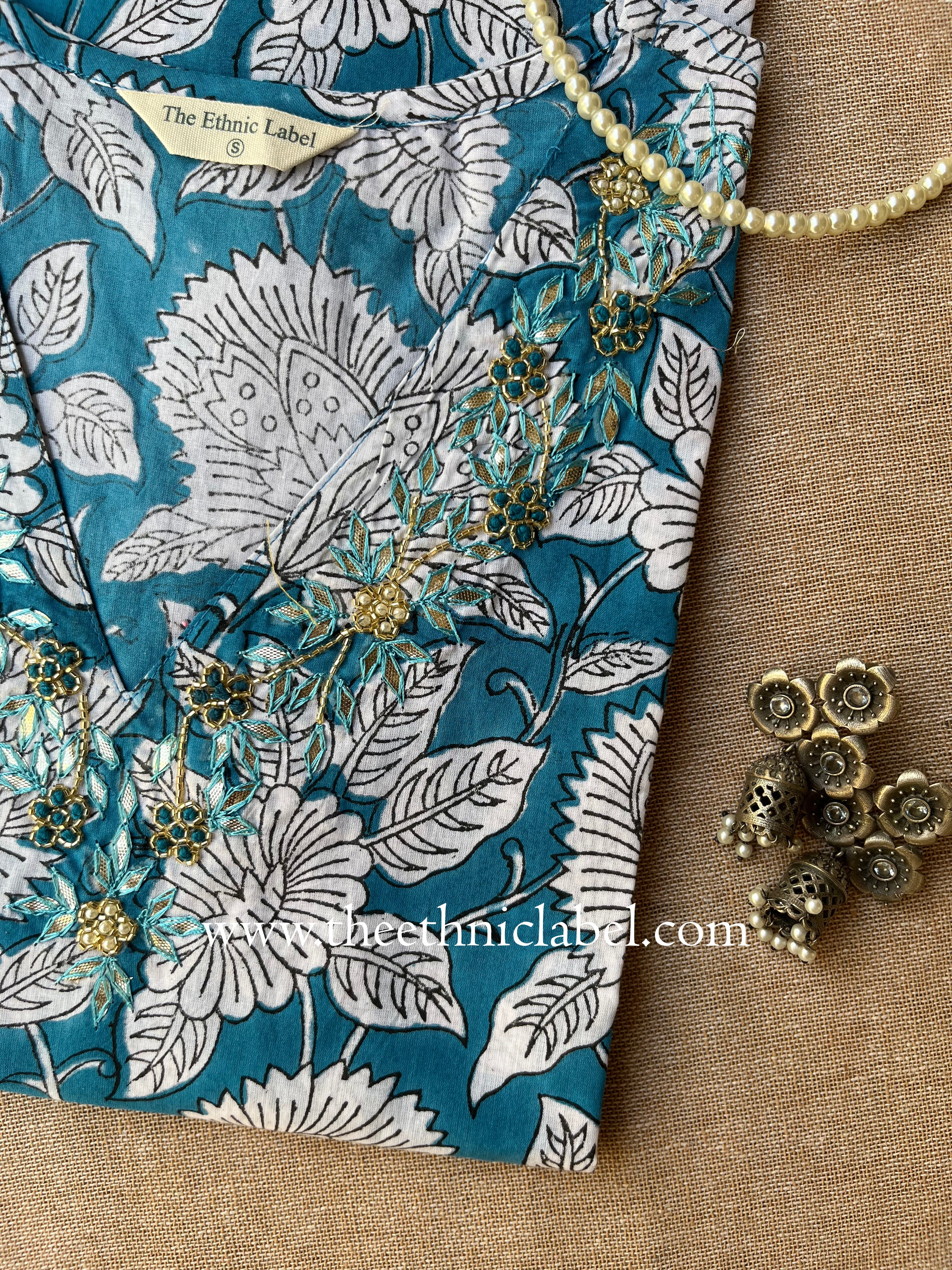 "Devika" Hand Embroidered Block Printed Cotton kurta