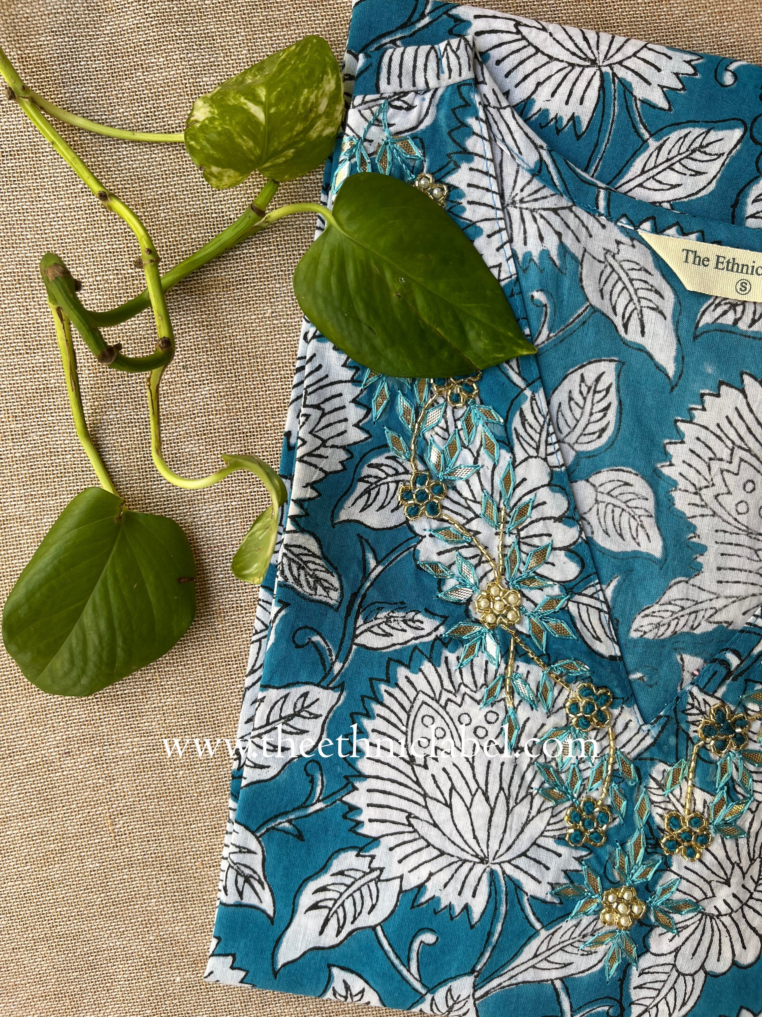 "Devika" Hand Embroidered Block Printed Cotton kurta