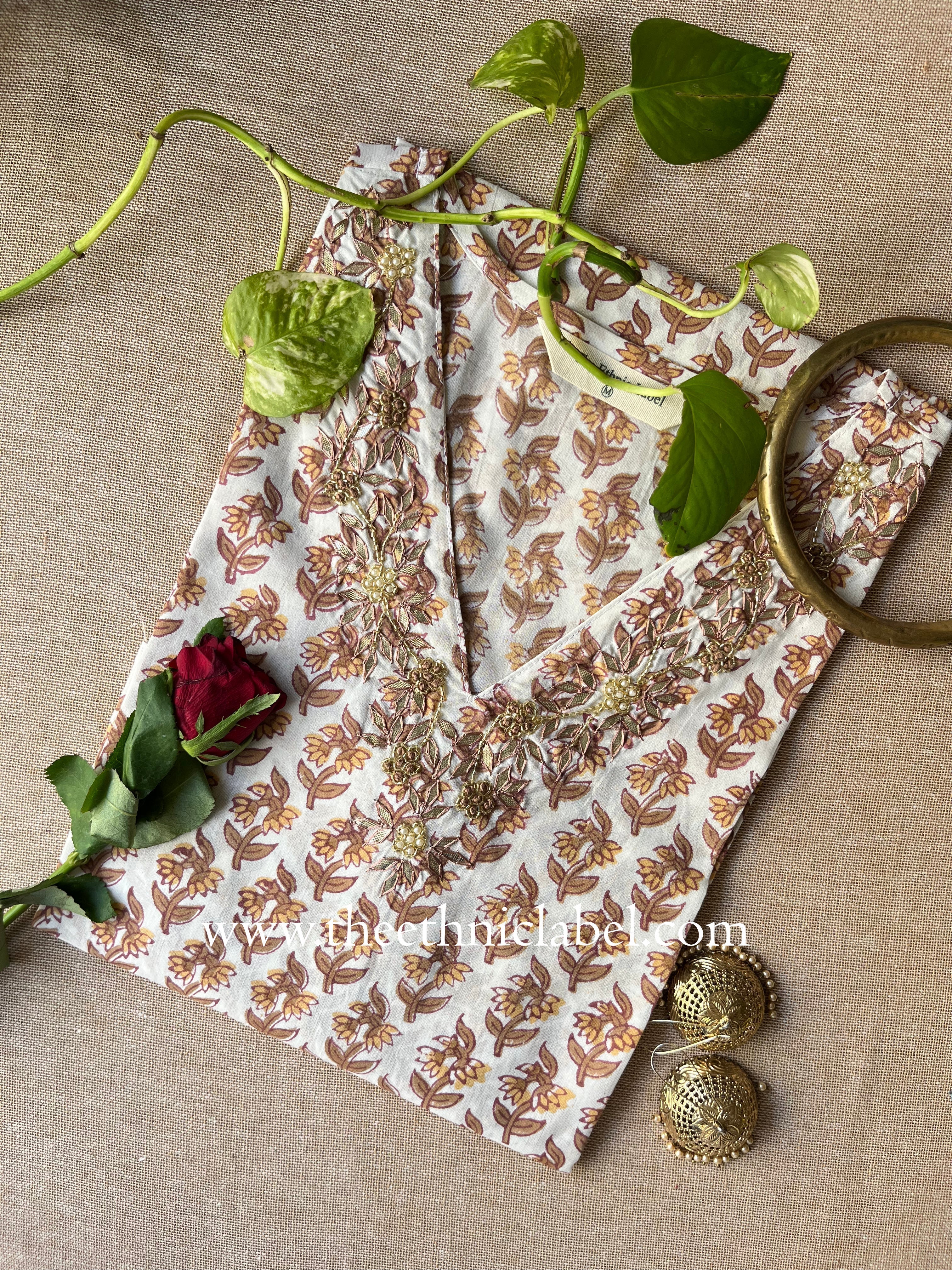 "Saheli" Hand Embroidered Block Printed Cotton kurta