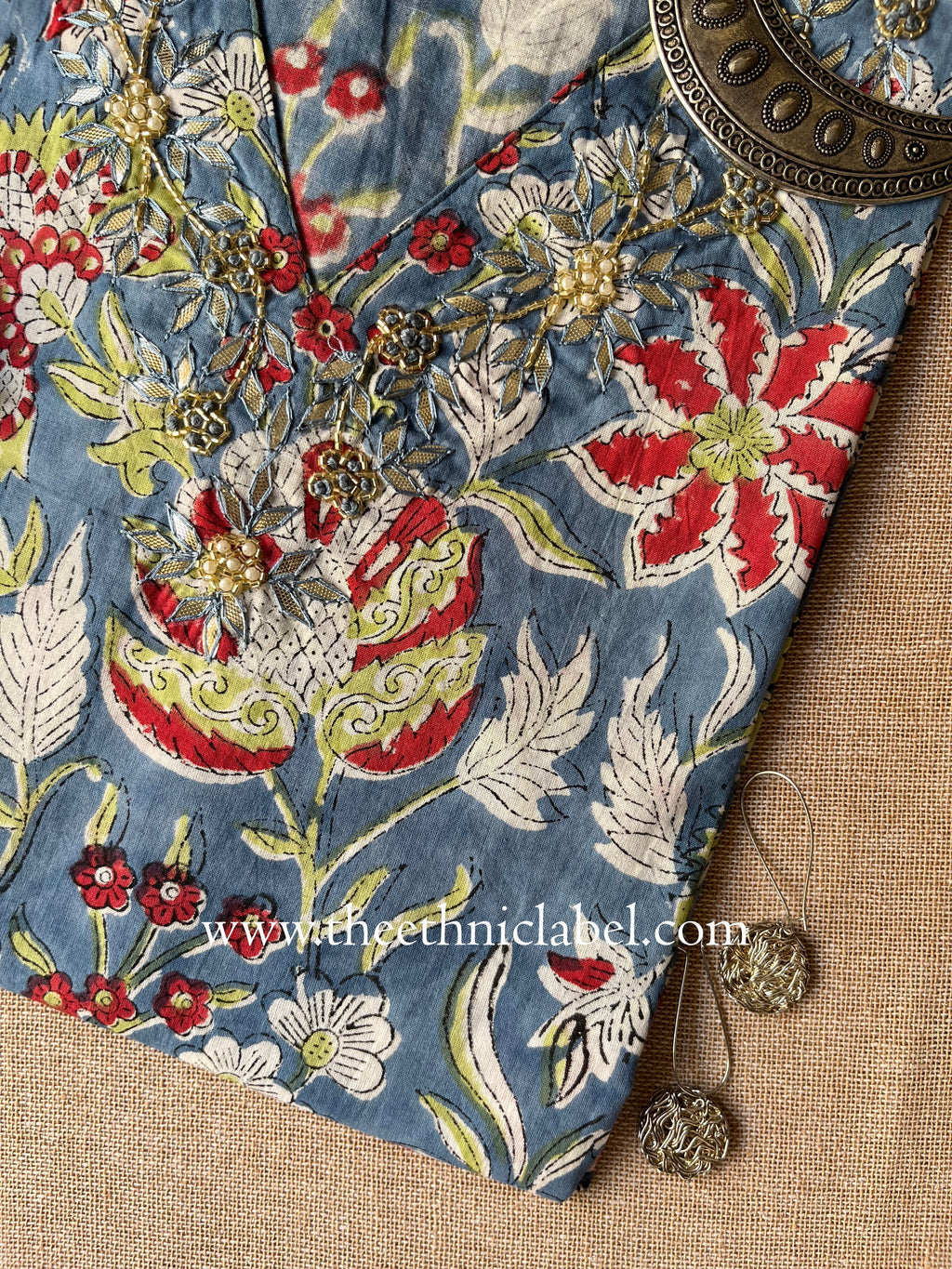 "Aishwarya" Hand Embroidered Block Printed Cotton kurta