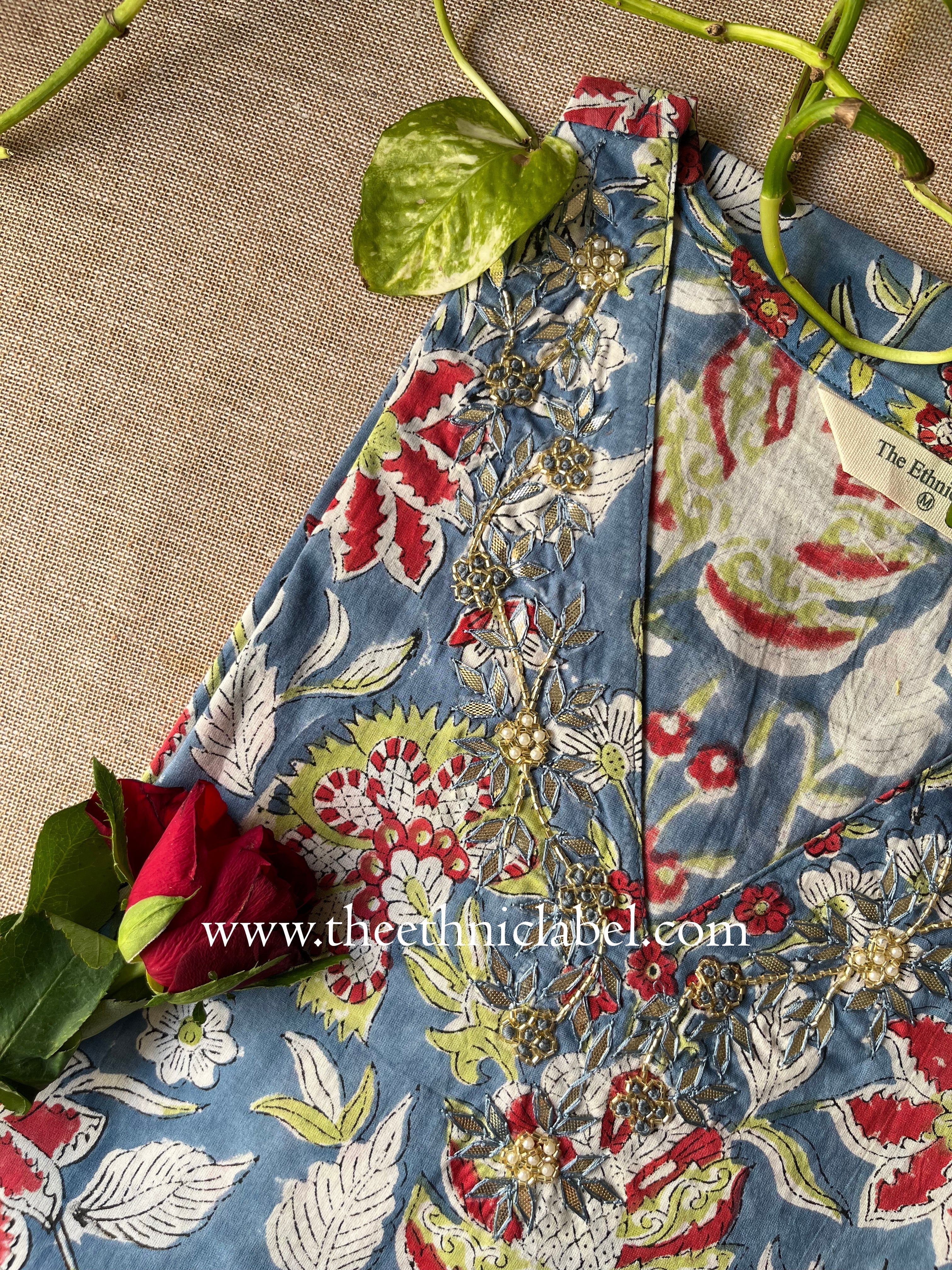 "Aishwarya" Hand Embroidered Block Printed Cotton kurta