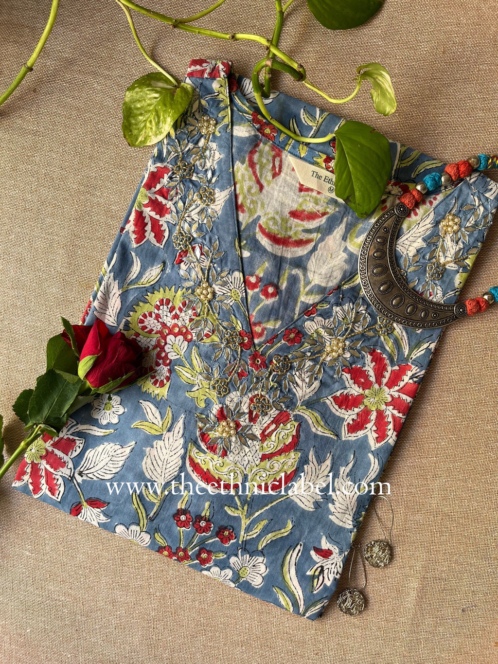 "Aishwarya" Hand Embroidered Block Printed Cotton kurta