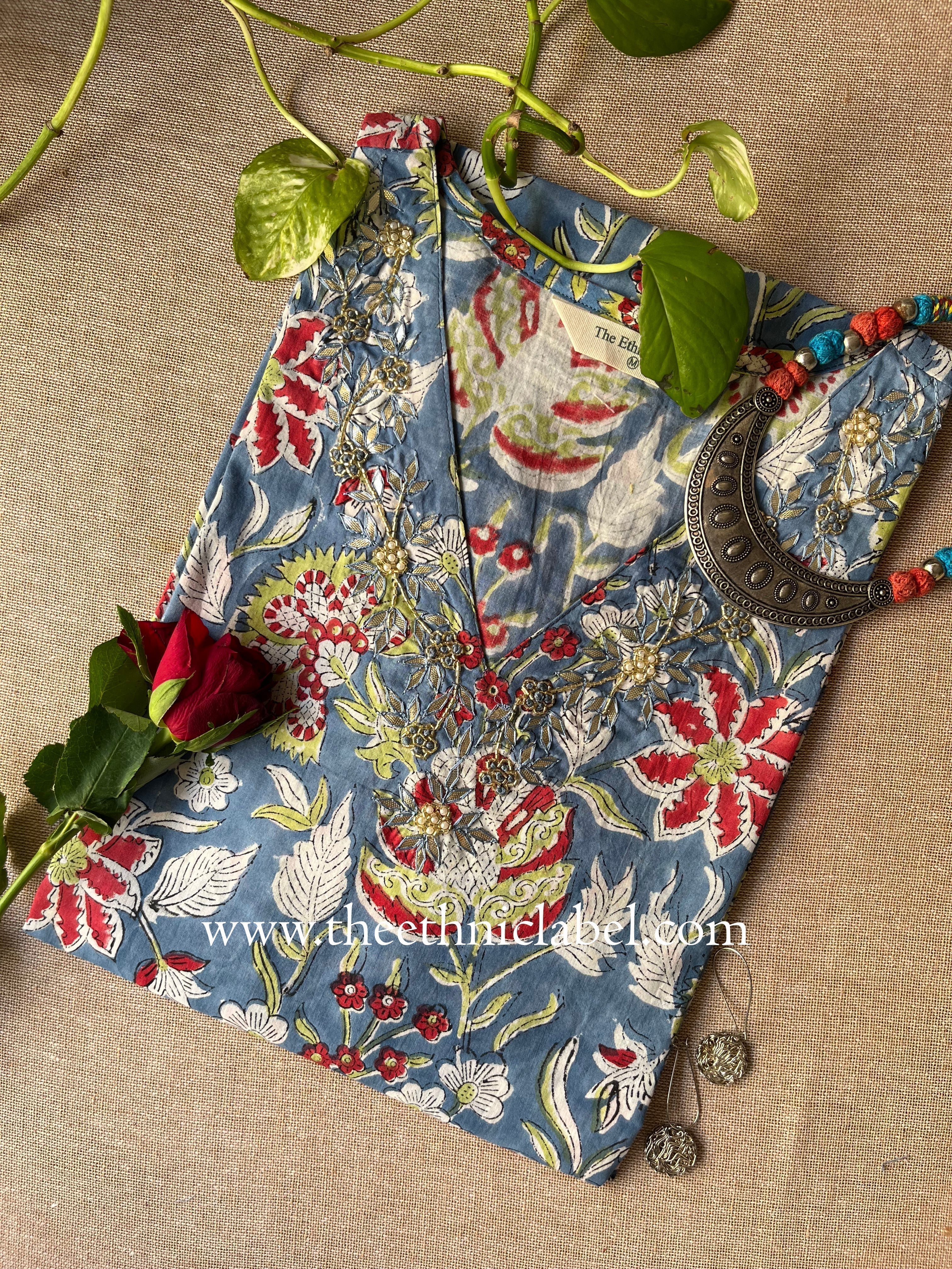 "Aishwarya" Hand Embroidered Block Printed Cotton kurta