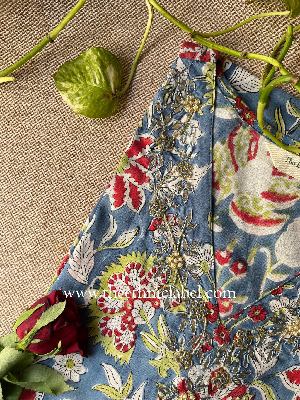 "Aishwarya" Hand Embroidered Block Printed Cotton kurta