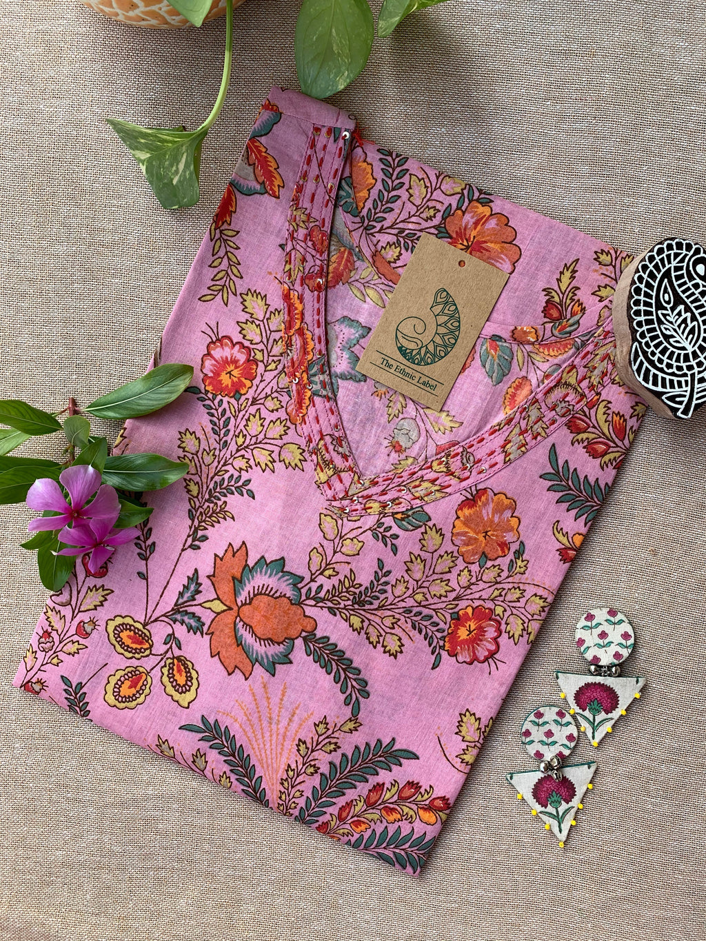 "Pihu" Kantha Hand Block Printed Cotton kurta