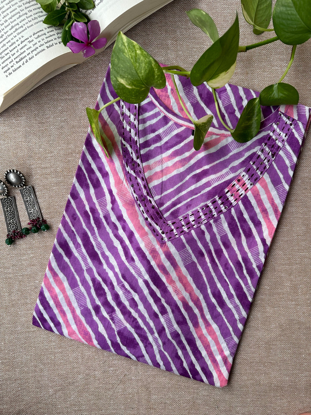 "Prisha" Purple lehriya handcrafted cotton Kurta