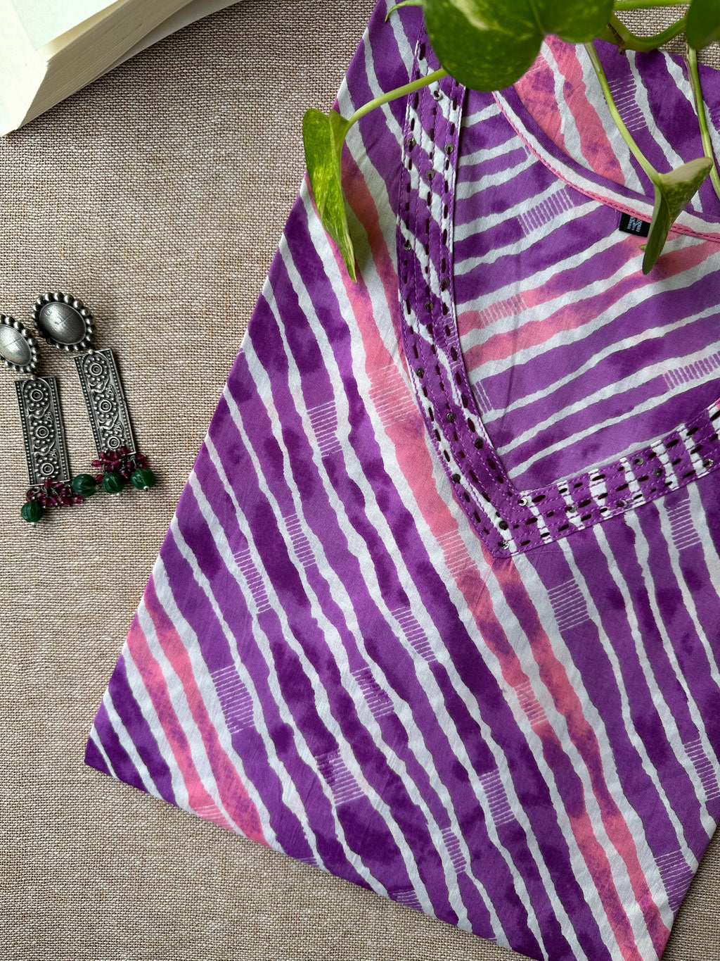 "Prisha" Purple lehriya handcrafted cotton Kurta
