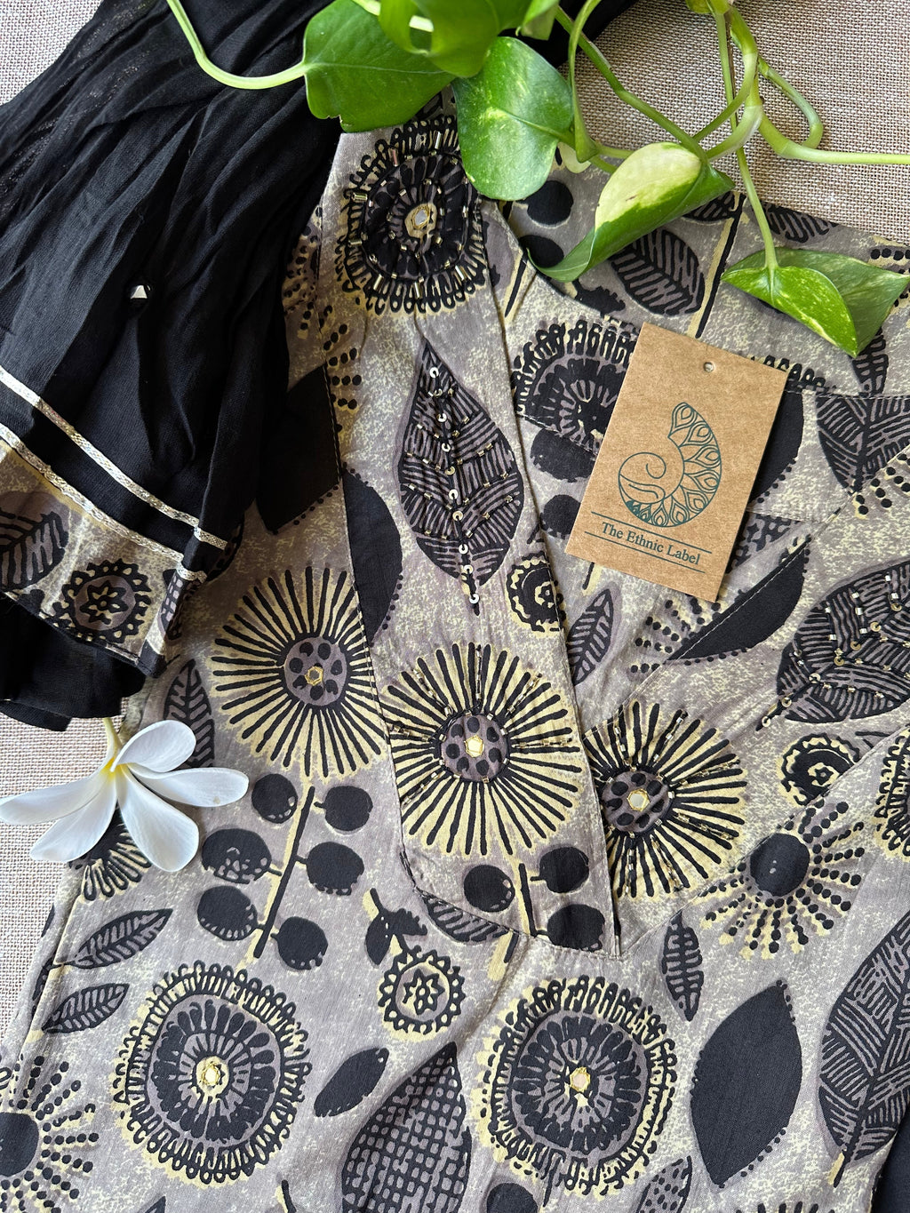 "Nadia" Ajrakh black grey kurta set with Afghan pants(3pc)