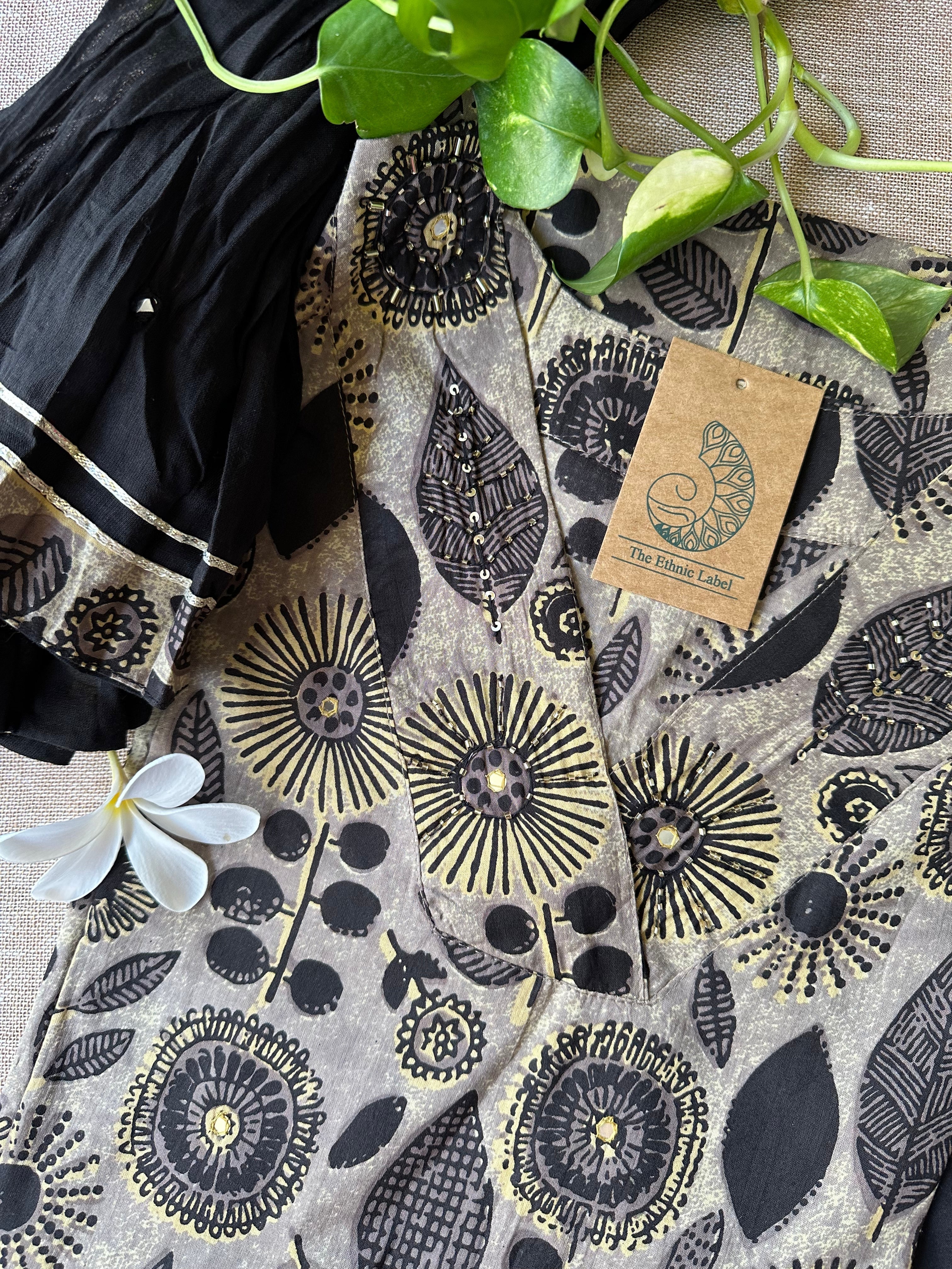 "Nadia" Ajrakh black grey kurta set with Afghan pants(3pc)