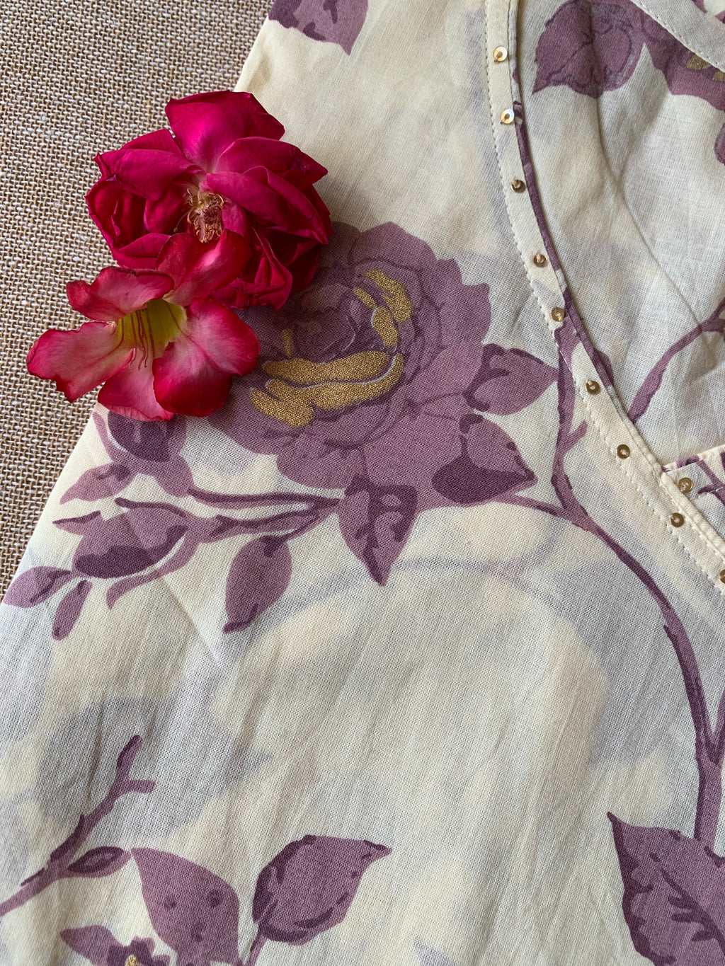 Cream Purple "Gold" Angrakha Cotton Kurta - XXL