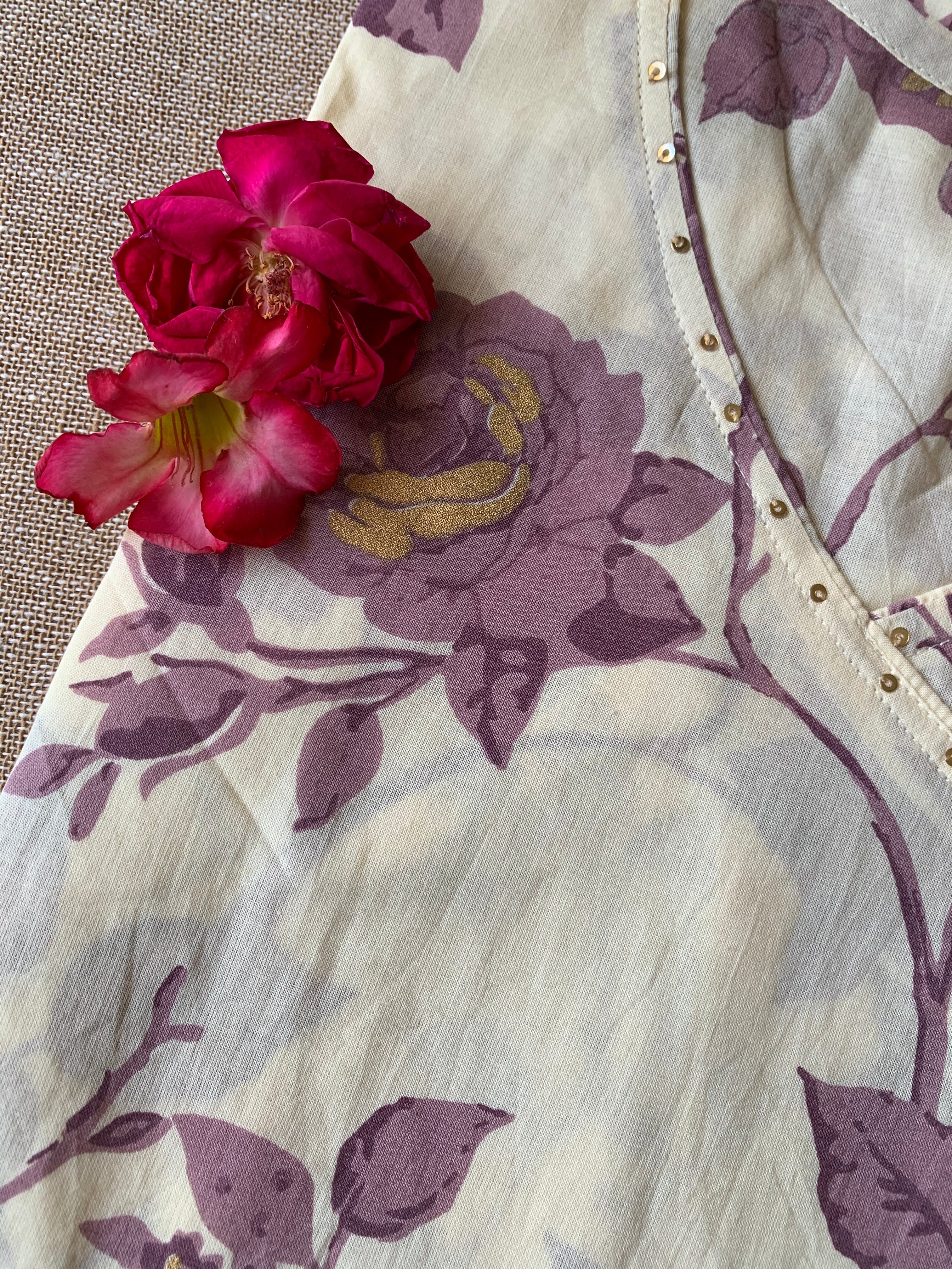 Cream Purple "Gold" Angrakha Cotton Kurta - XXL