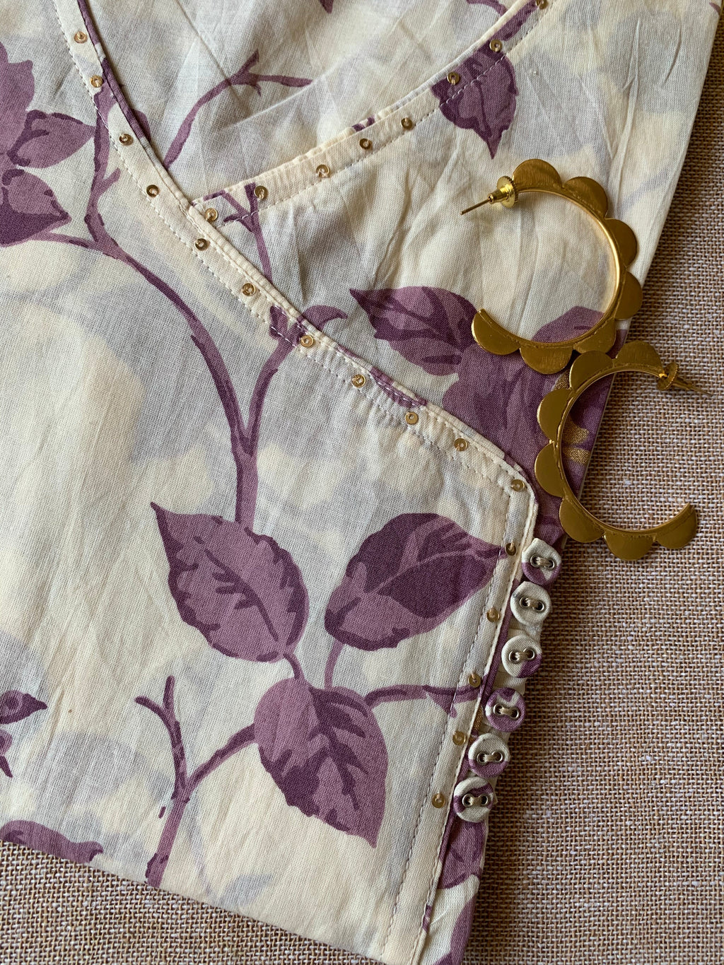 Cream Purple "Gold" Angrakha Cotton Kurta - XXL