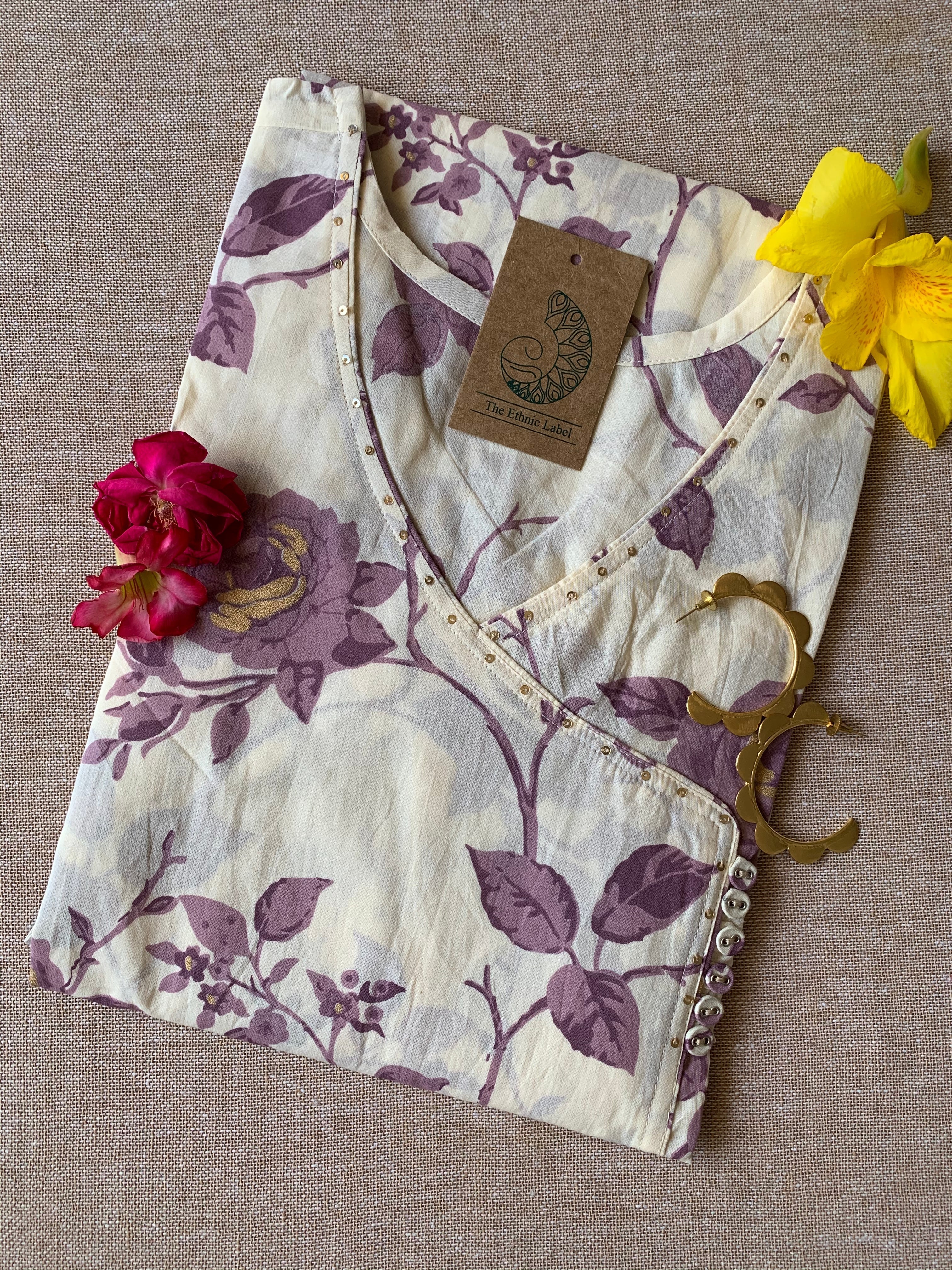 Cream Purple "Gold" Angrakha Cotton Kurta - XXL