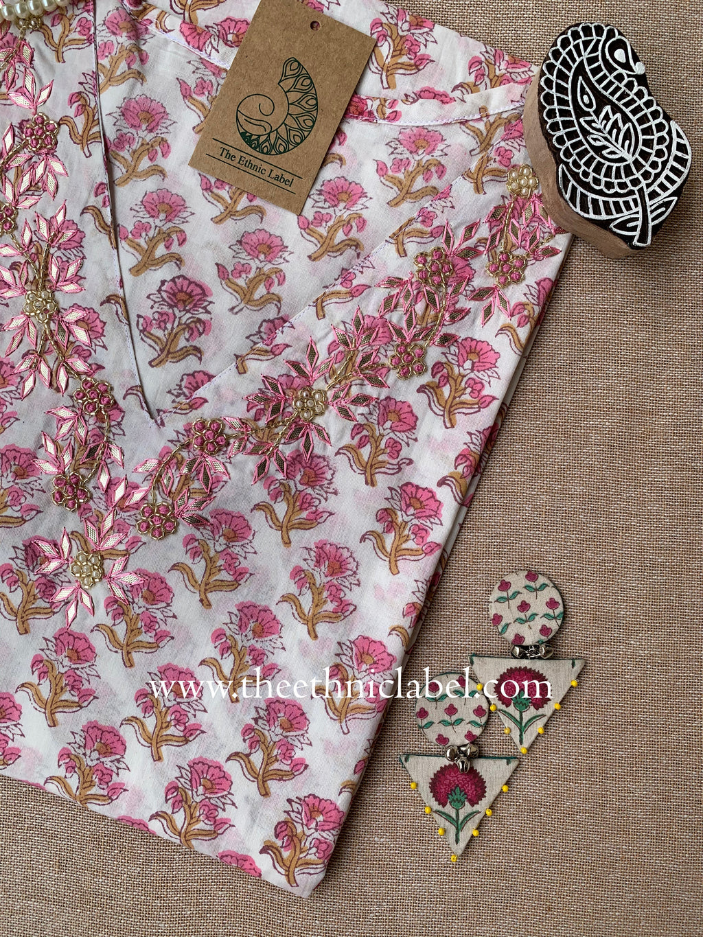 "Tabu" Hand Embroidered Block Printed Cotton kurta