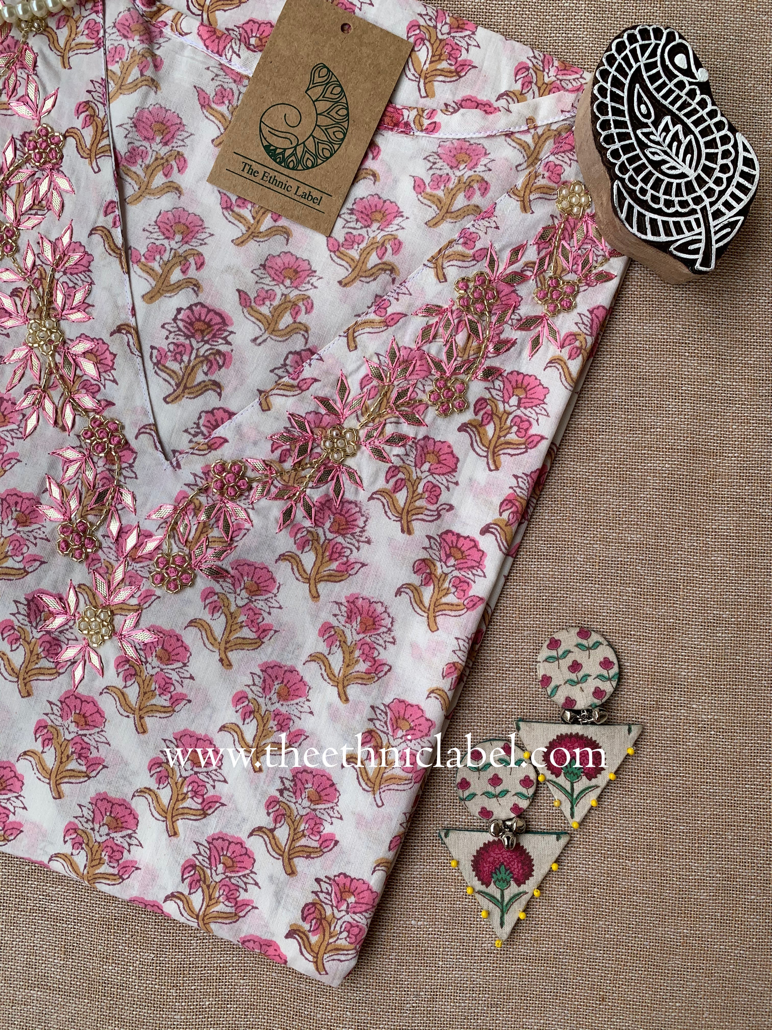 "Tabu" Hand Embroidered Block Printed Cotton kurta