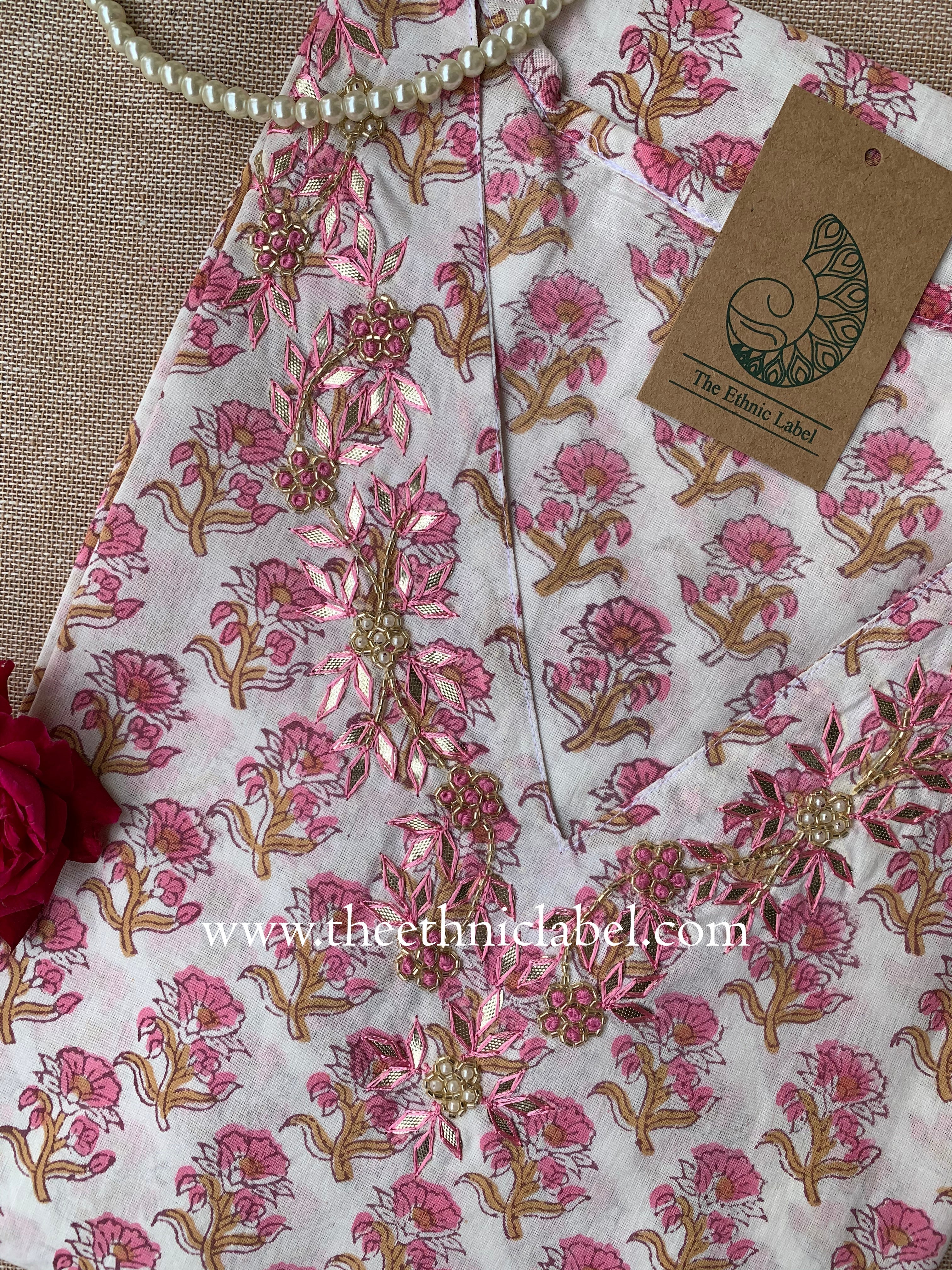 "Tabu" Hand Embroidered Block Printed Cotton kurta