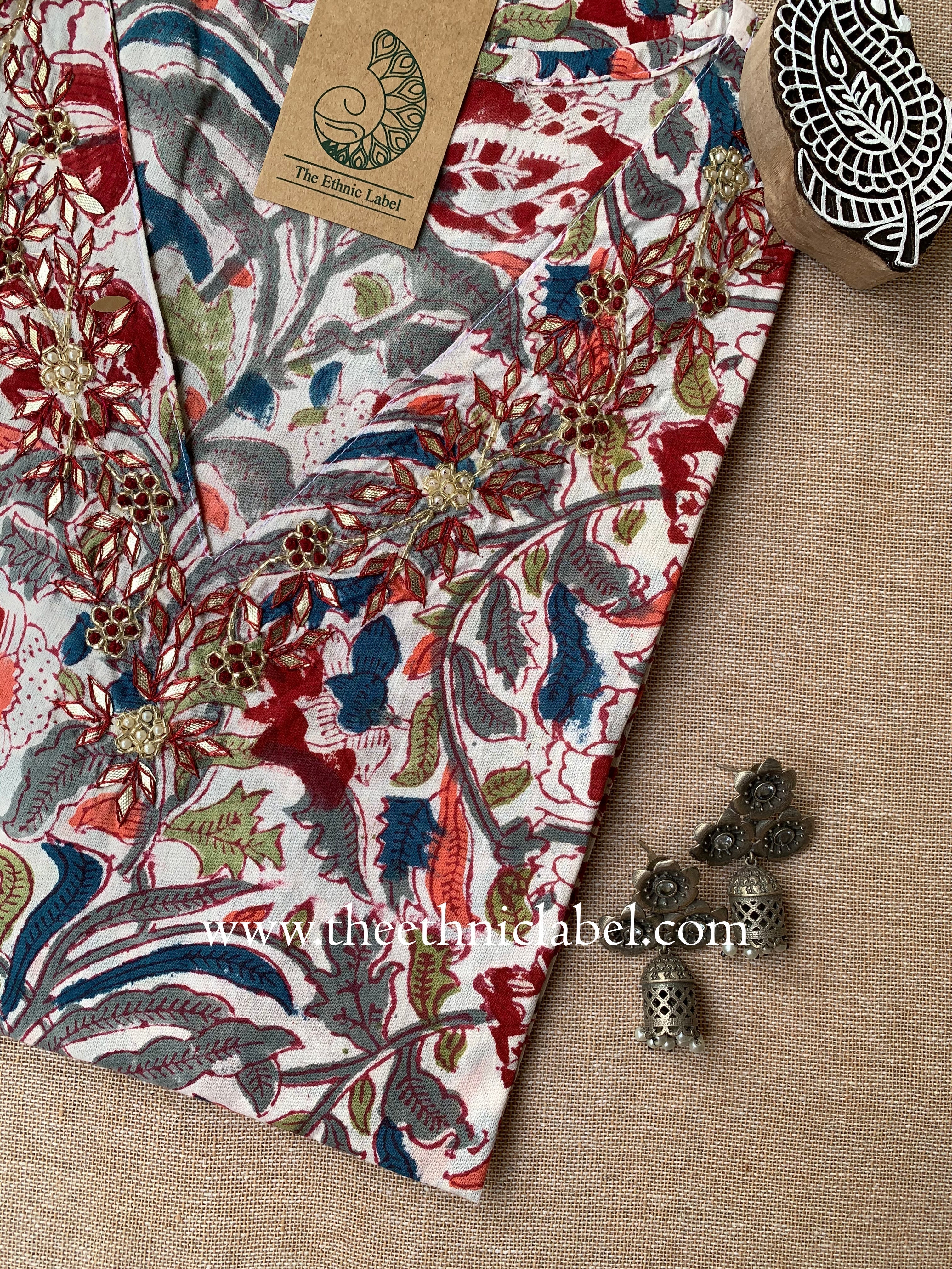 "Yogita" Hand Embroidered Block Printed Cotton kurta