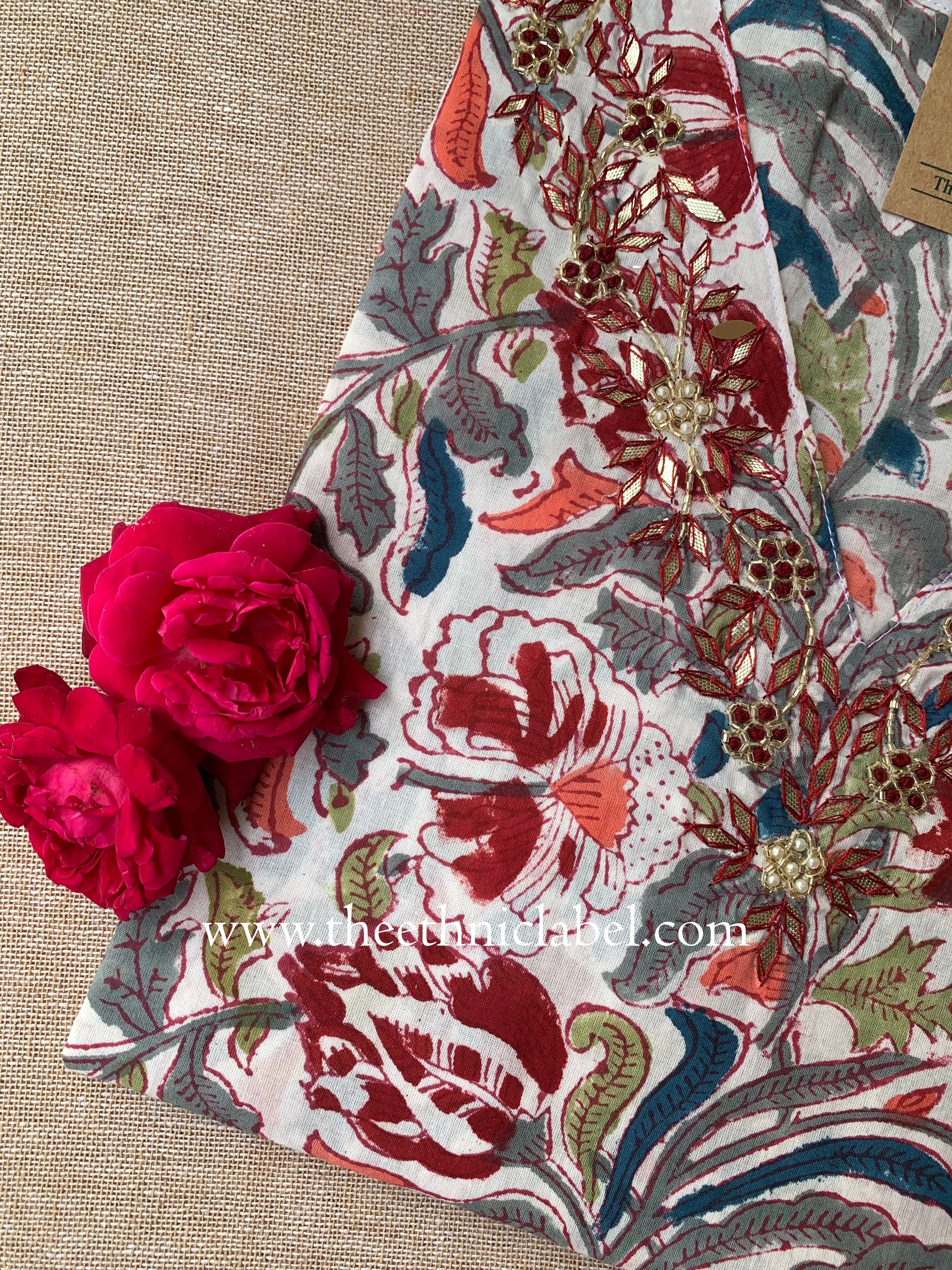 "Yogita" Hand Embroidered Block Printed Cotton kurta