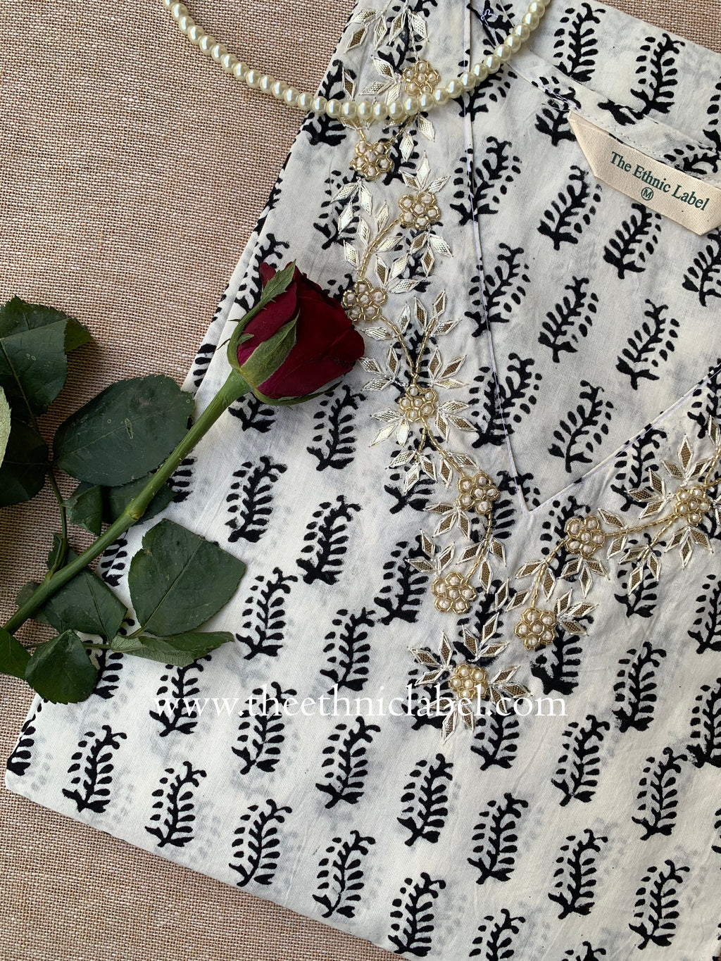 "Tarifa" Hand Embroidered Block Printed Cotton kurta