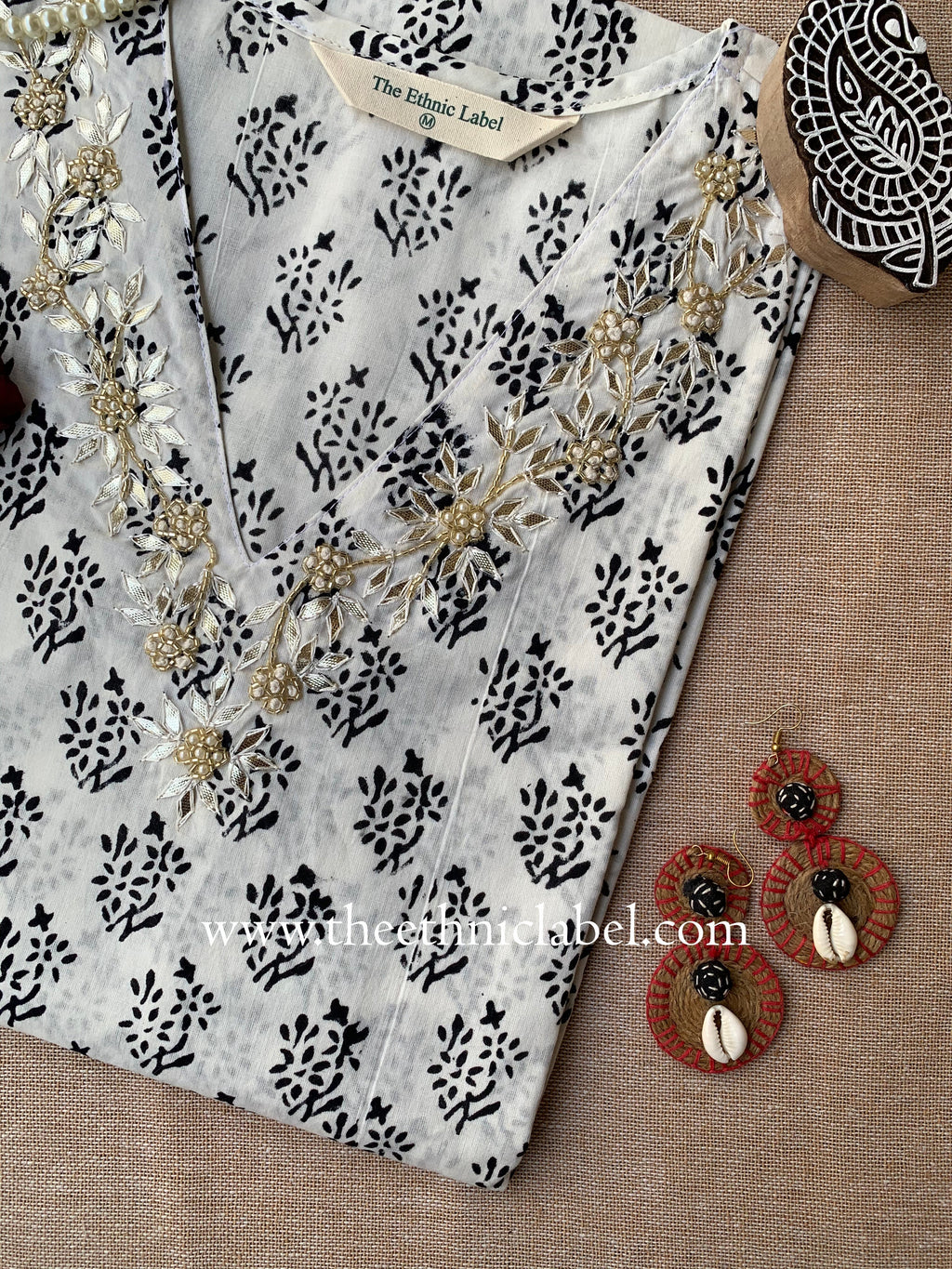 "Maria" Hand Embroidered Block Printed Cotton kurta