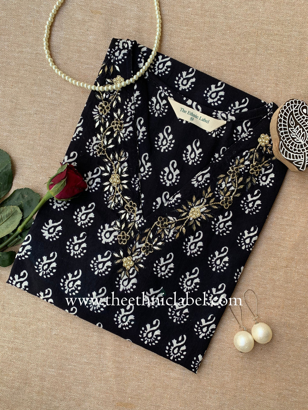 "Vrinda" Hand Embroidered Block Printed Cotton kurta