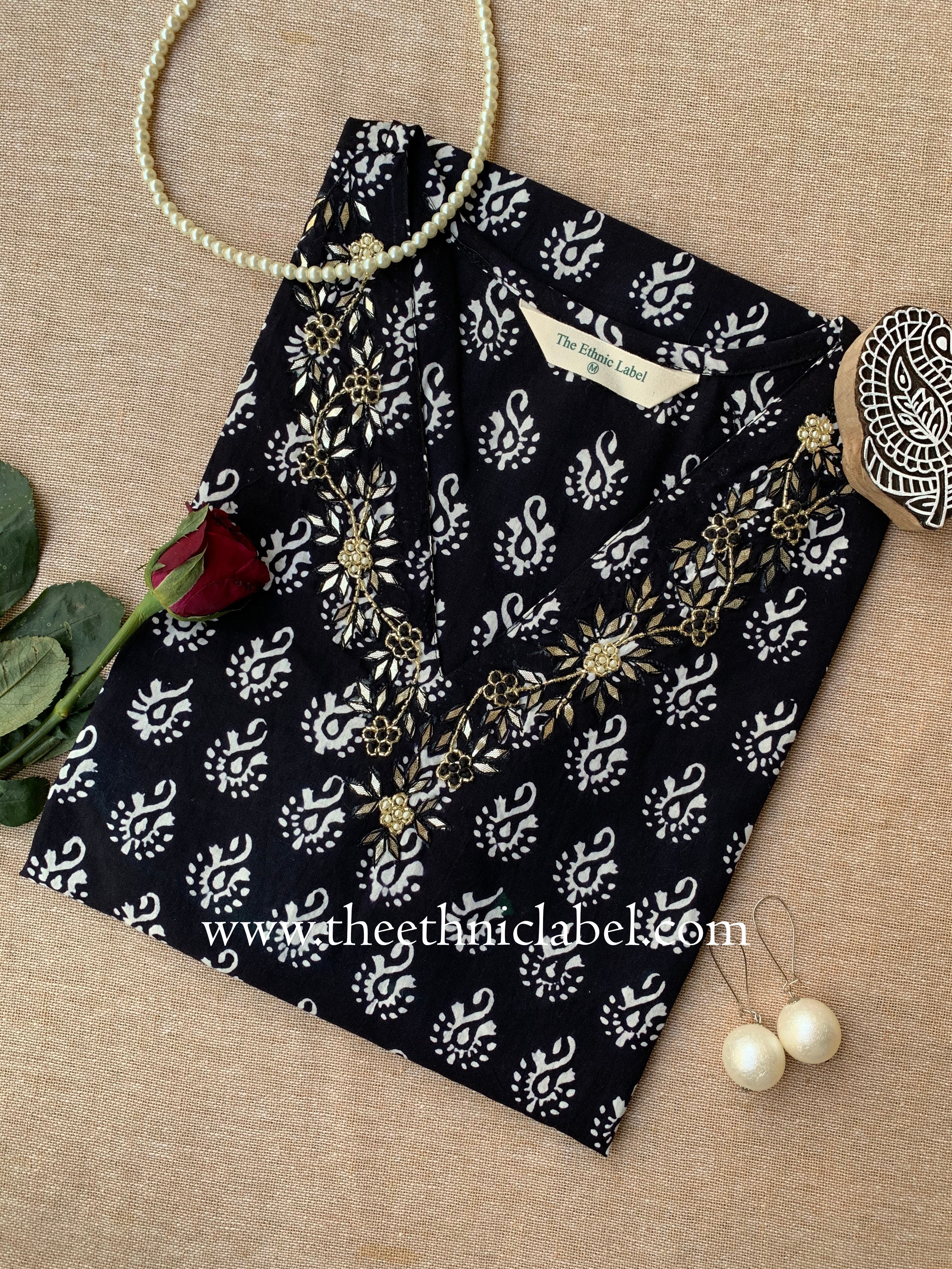 "Vrinda" Hand Embroidered Block Printed Cotton kurta