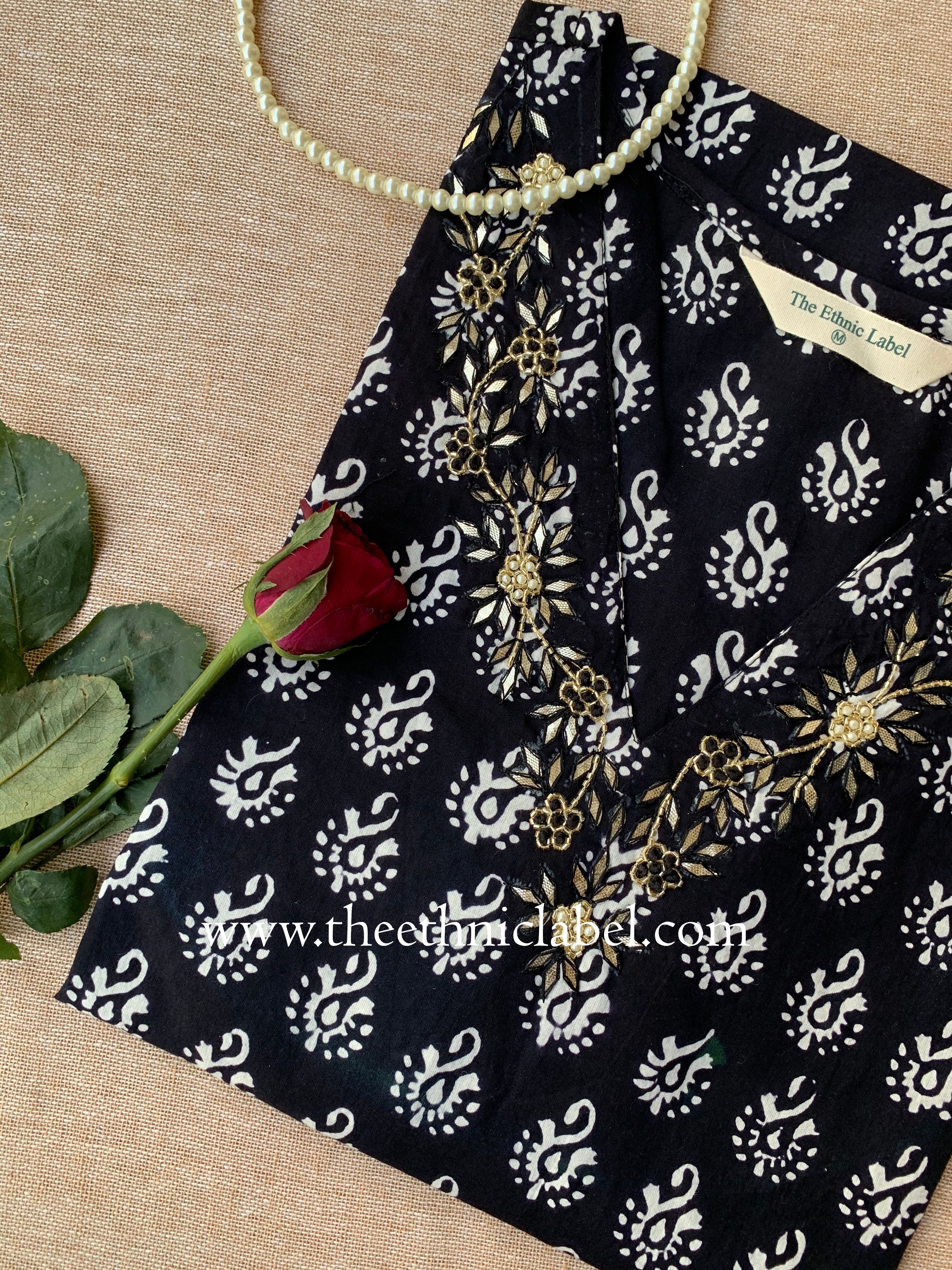 "Vrinda" Hand Embroidered Block Printed Cotton kurta