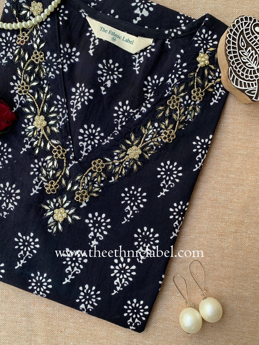 "Keya" Hand Embroidered Block Printed Cotton kurta