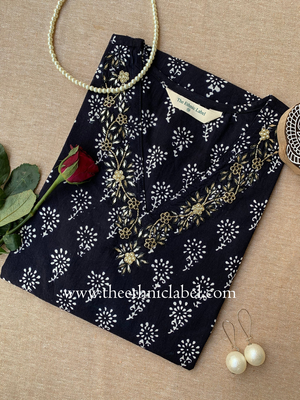 "Keya" Hand Embroidered Block Printed Cotton kurta