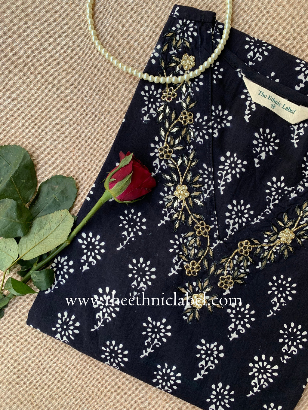 "Keya" Hand Embroidered Block Printed Cotton kurta