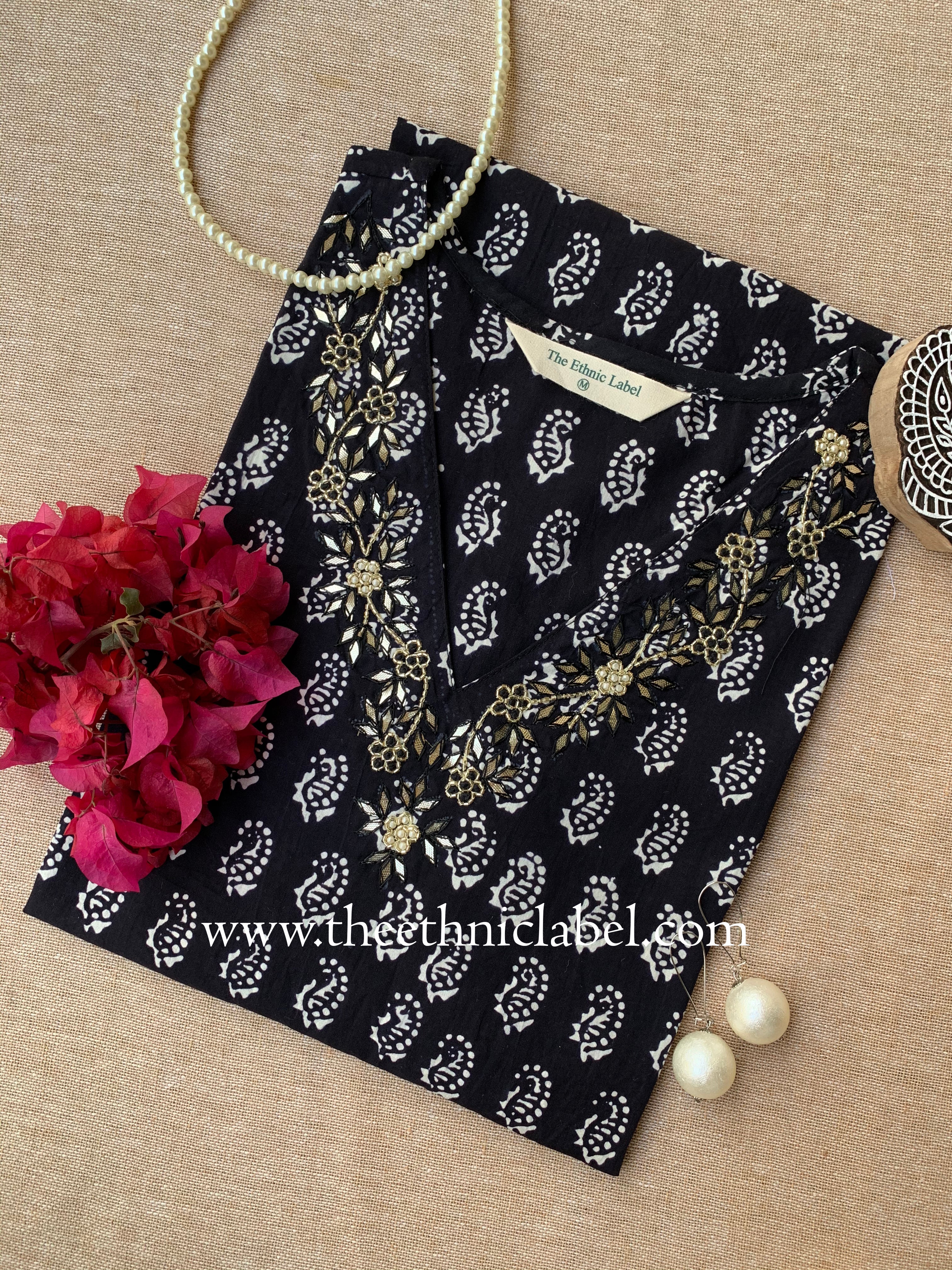 "Anaya" Hand Embroidered Block Printed Cotton kurta