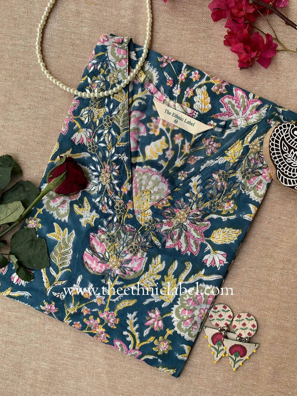 "Juhi" Hand Embroidered Block Printed Cotton kurta