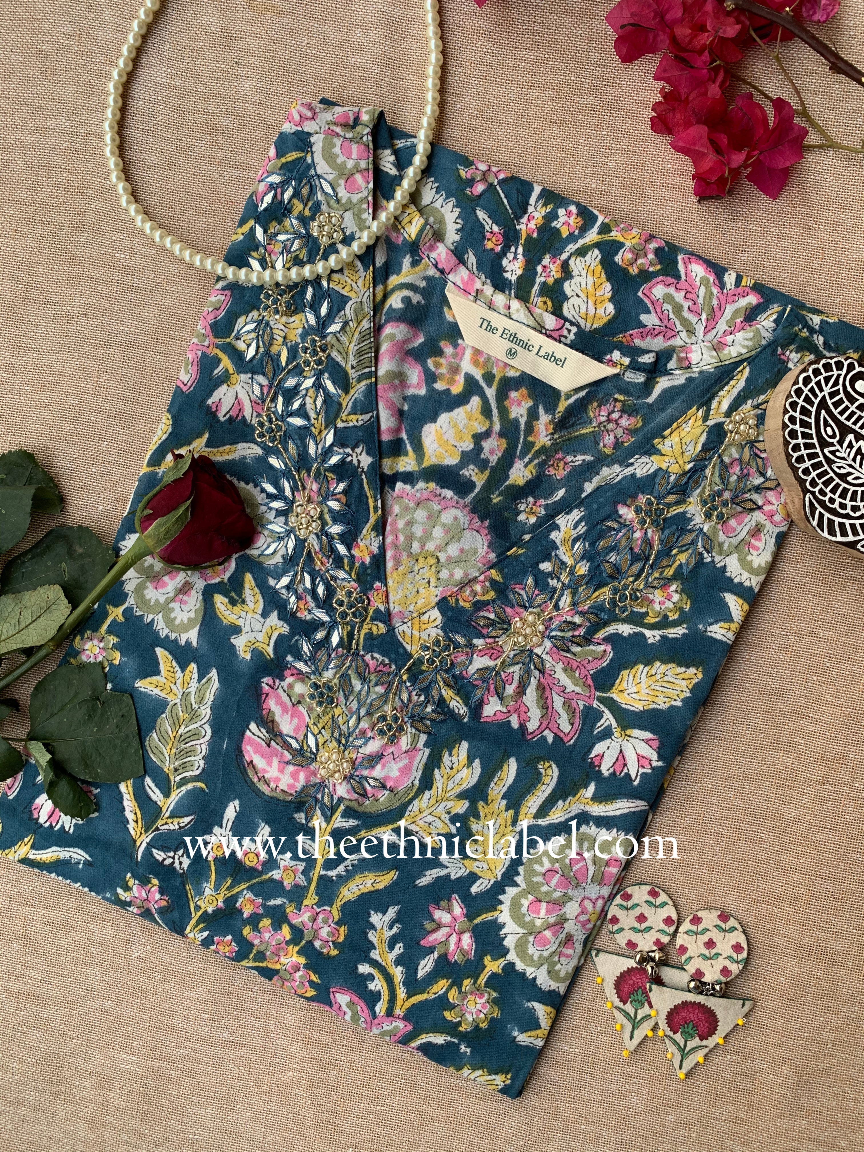 "Juhi" Hand Embroidered Block Printed Cotton kurta