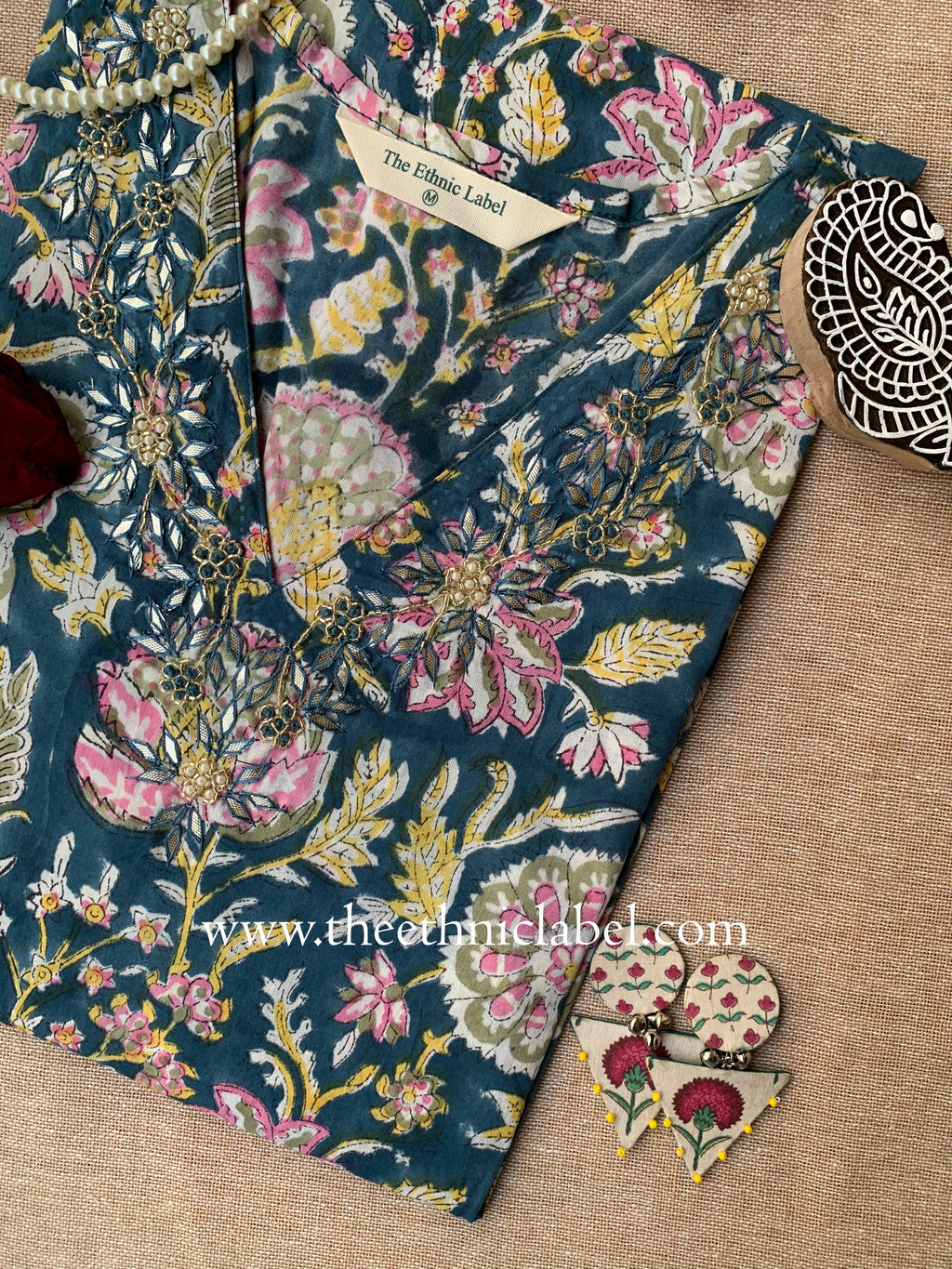"Juhi" Hand Embroidered Block Printed Cotton kurta