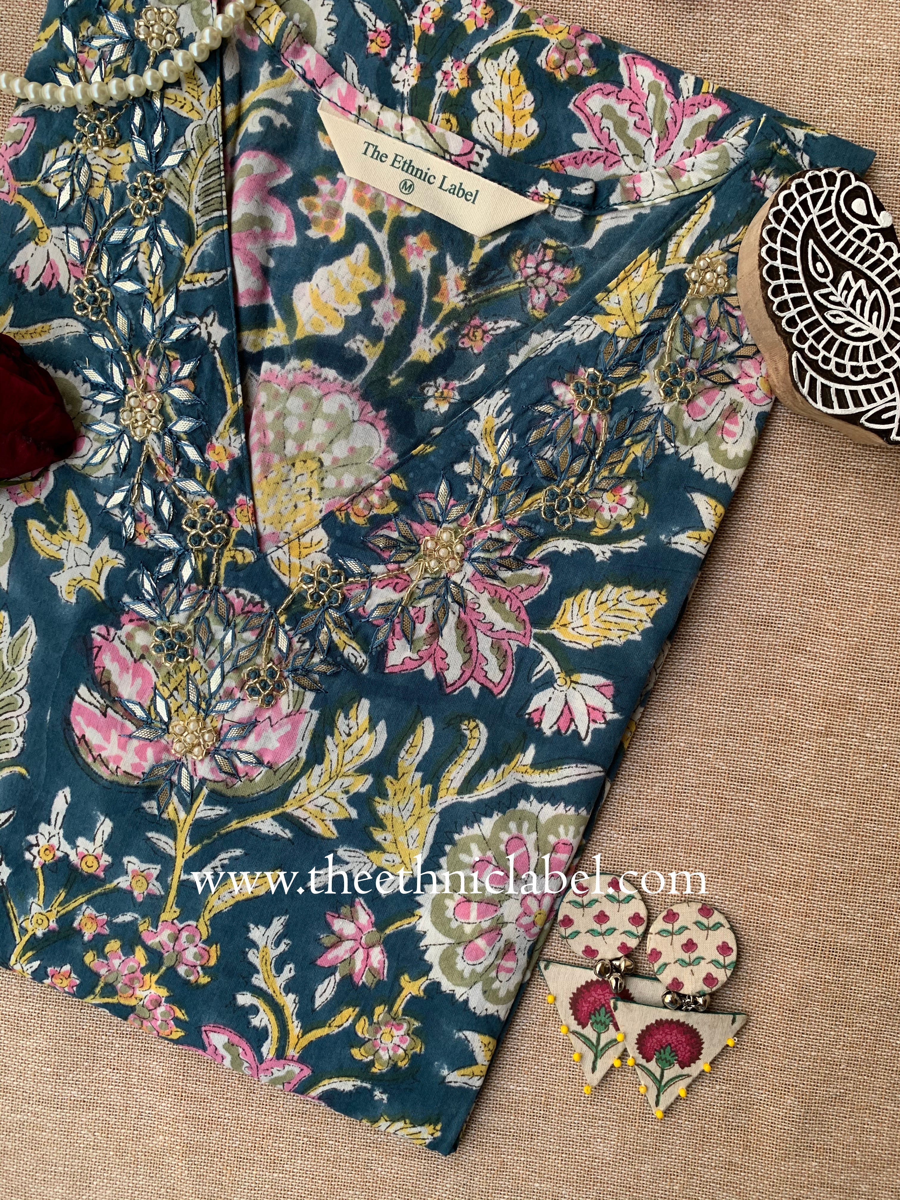 "Juhi" Hand Embroidered Block Printed Cotton kurta