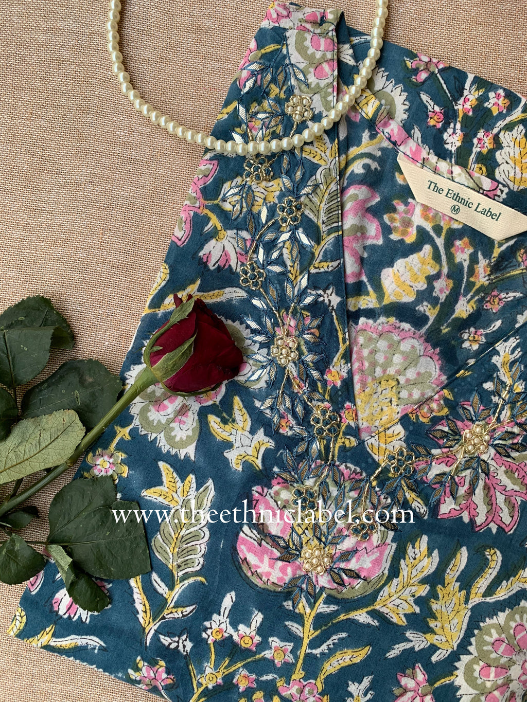 "Juhi" Hand Embroidered Block Printed Cotton kurta