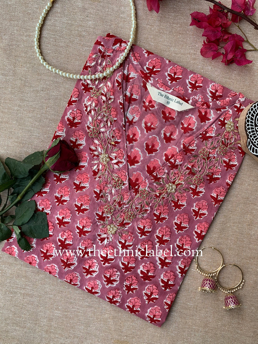 "Lalita" Hand Embroidered Block Printed Cotton kurta