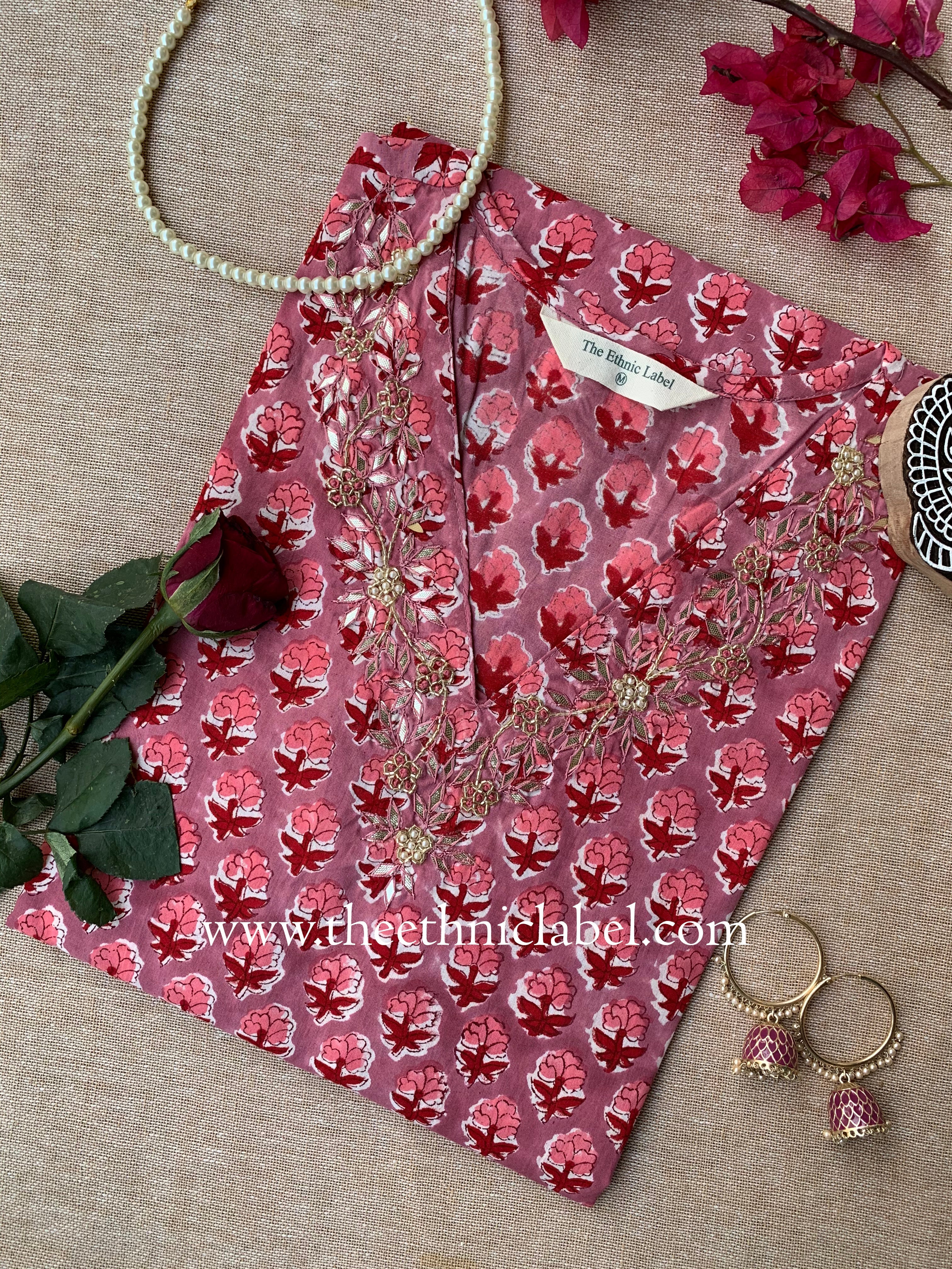 "Lalita" Hand Embroidered Block Printed Cotton kurta