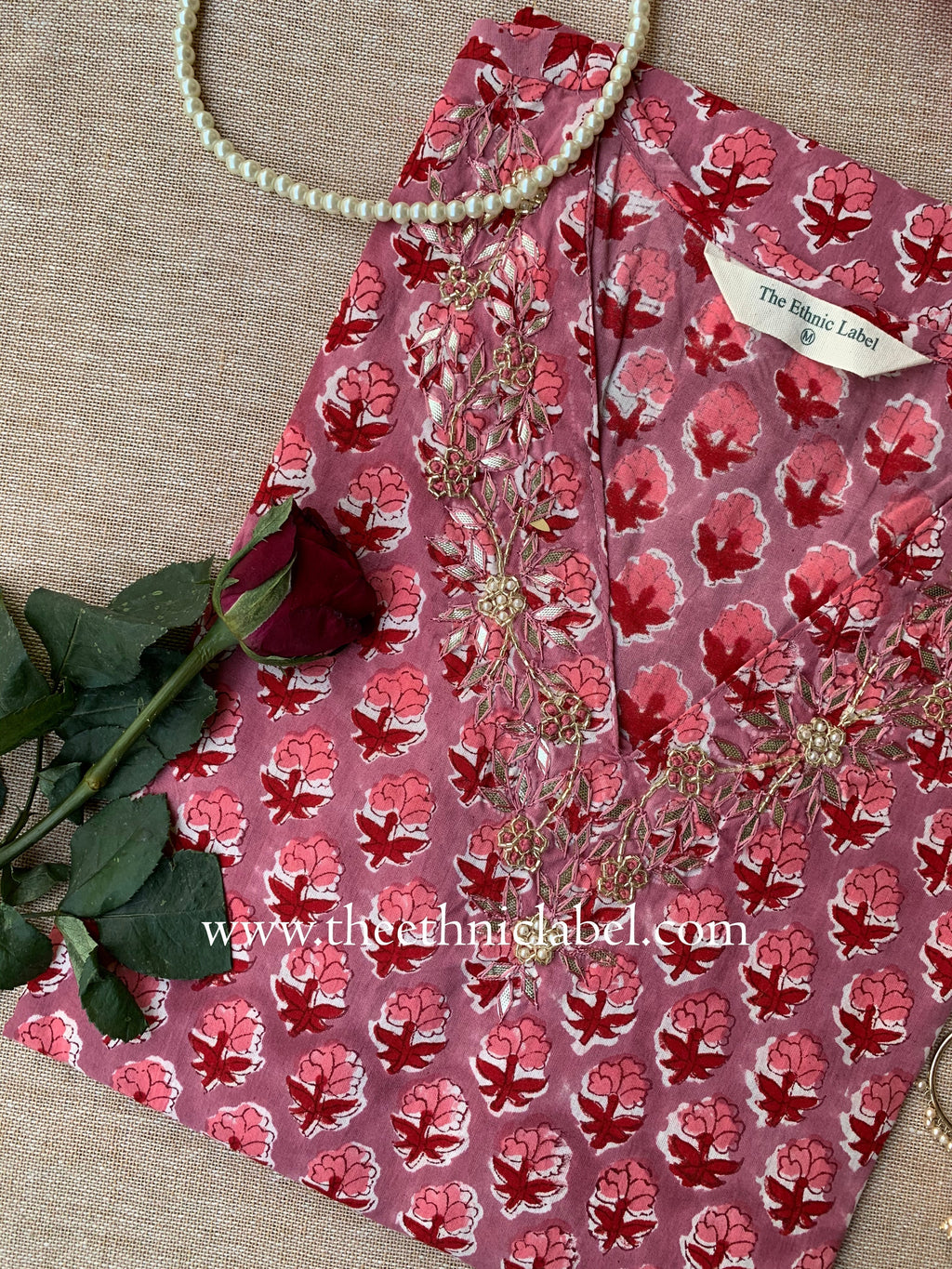 "Lalita" Hand Embroidered Block Printed Cotton kurta