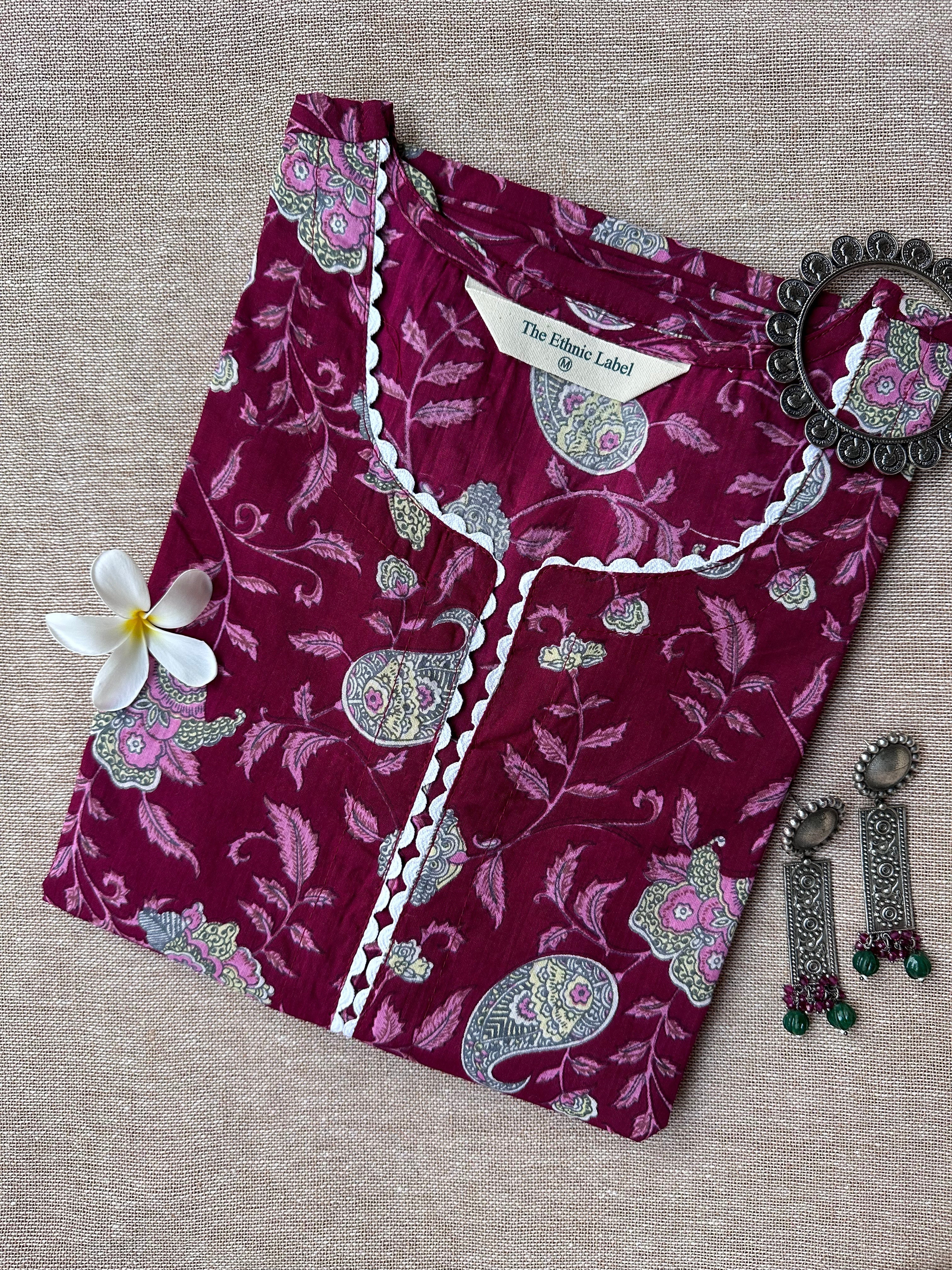 Rose Sanganeri Hand Block Printed laced Cotton kurta