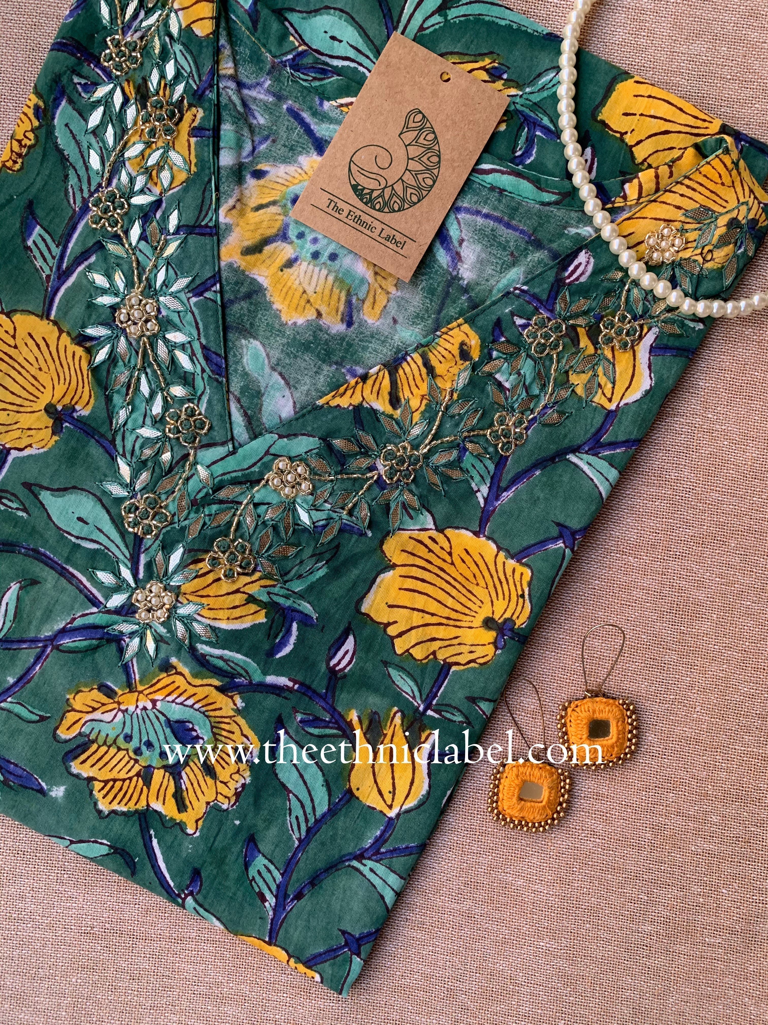 "Ahana" Hand Embroidered Block Printed Cotton kurta