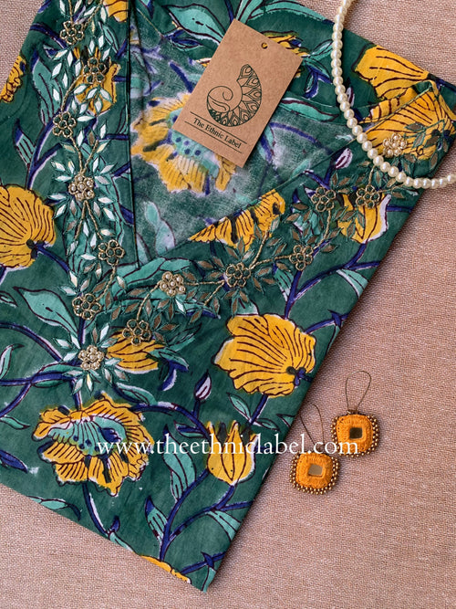 "Ahana" Hand Embroidered Block Printed Cotton kurta