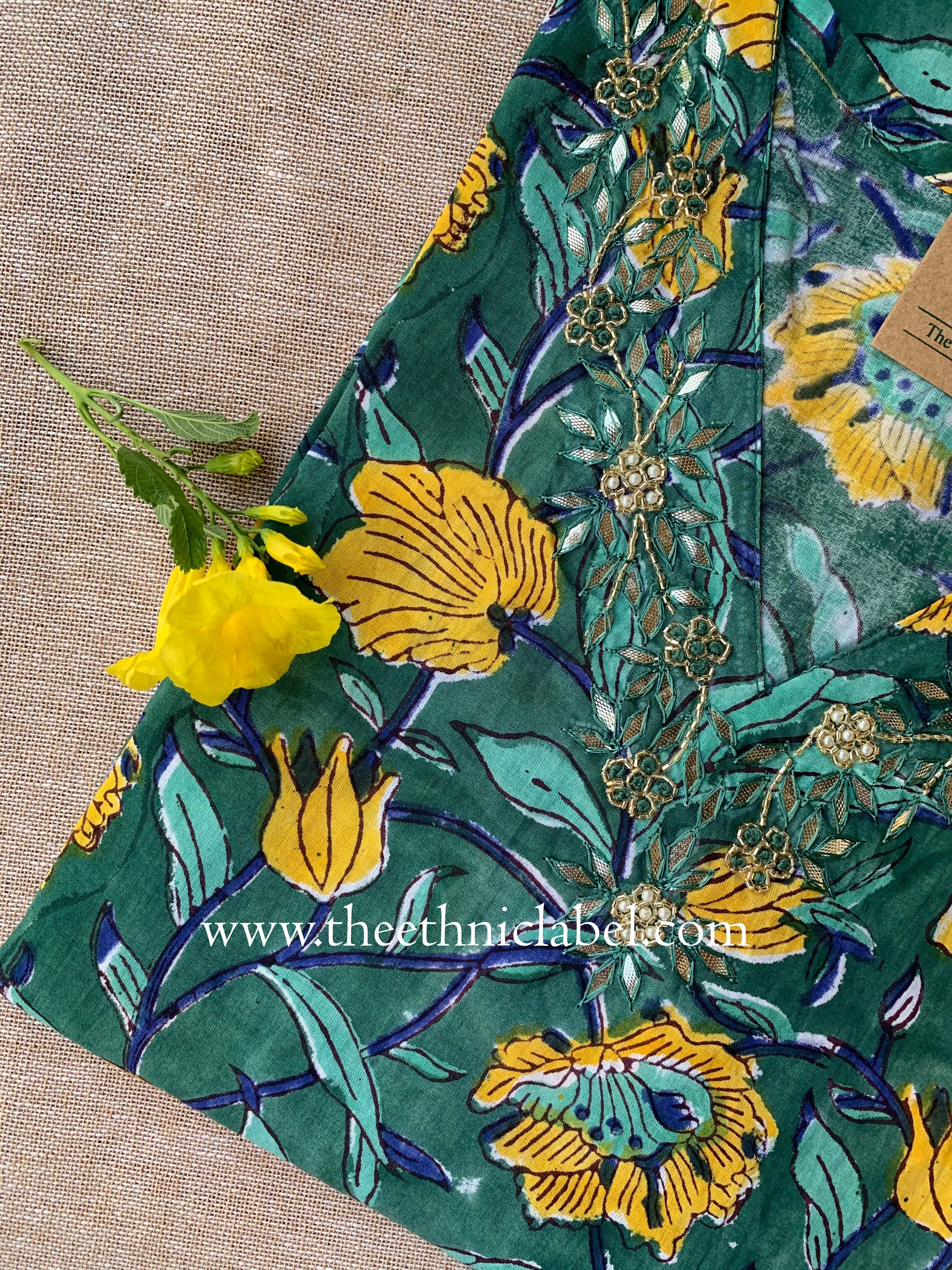 "Ahana" Hand Embroidered Block Printed Cotton kurta