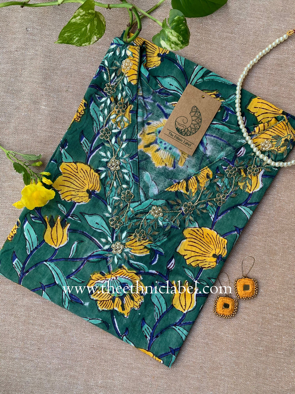 "Ahana" Hand Embroidered Block Printed Cotton kurta